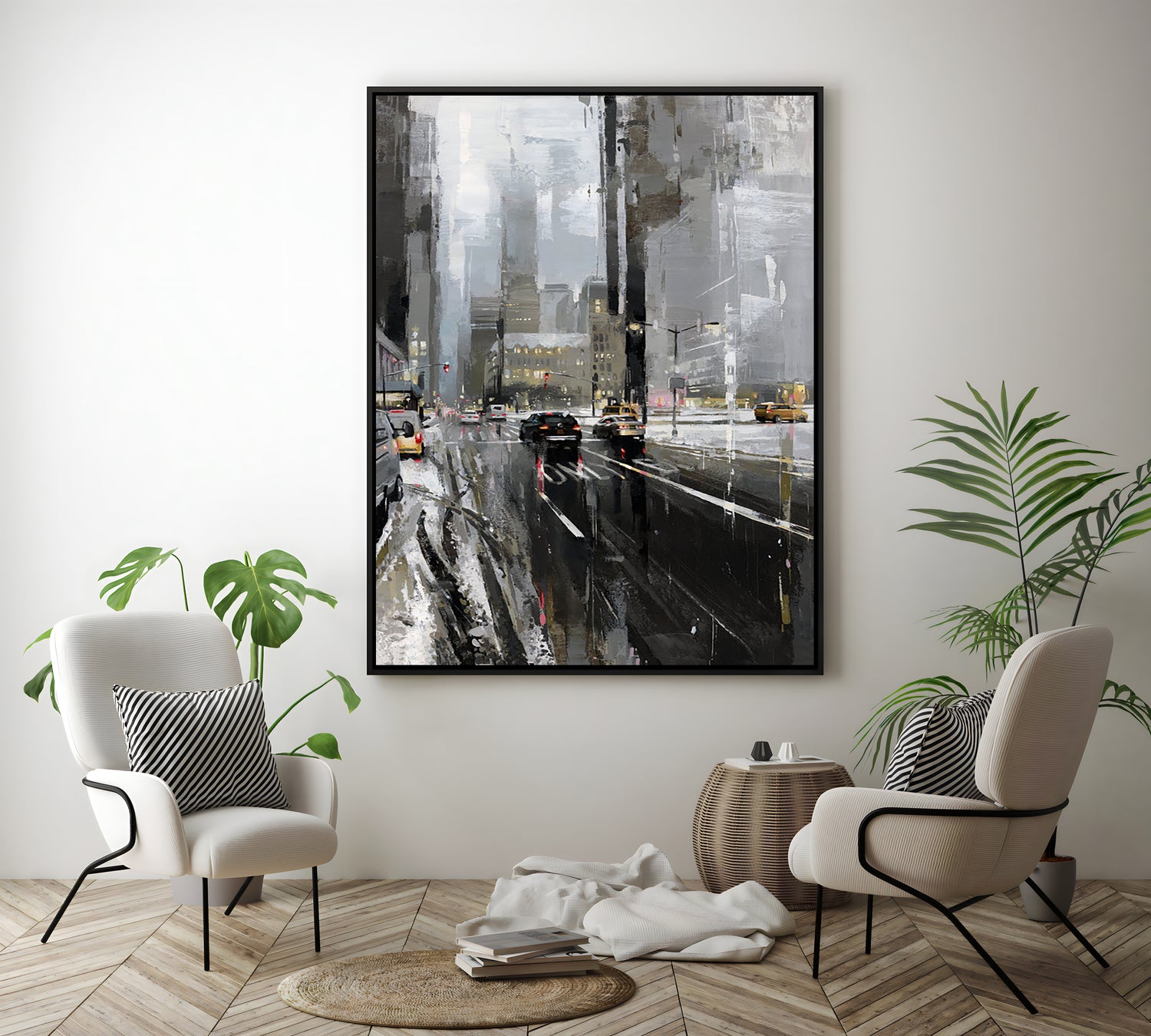 a painting of a city street with cars on it