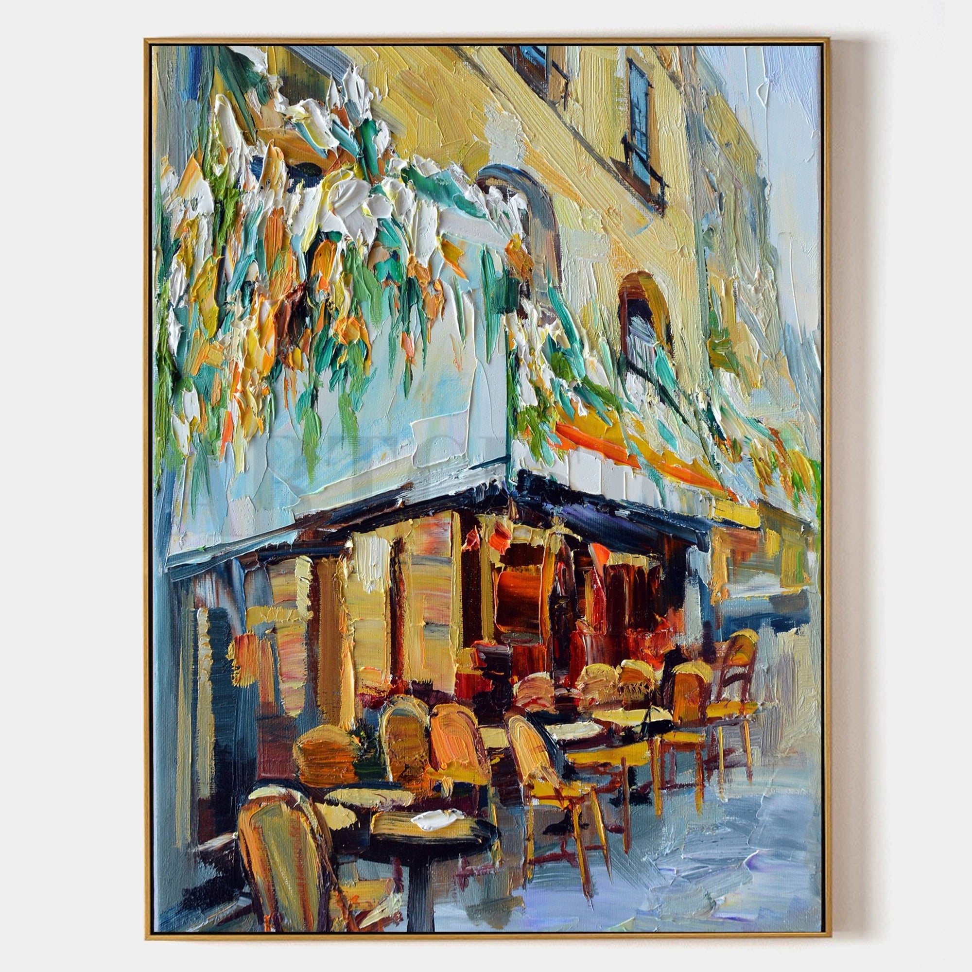 a painting of a restaurant with yellow chairs