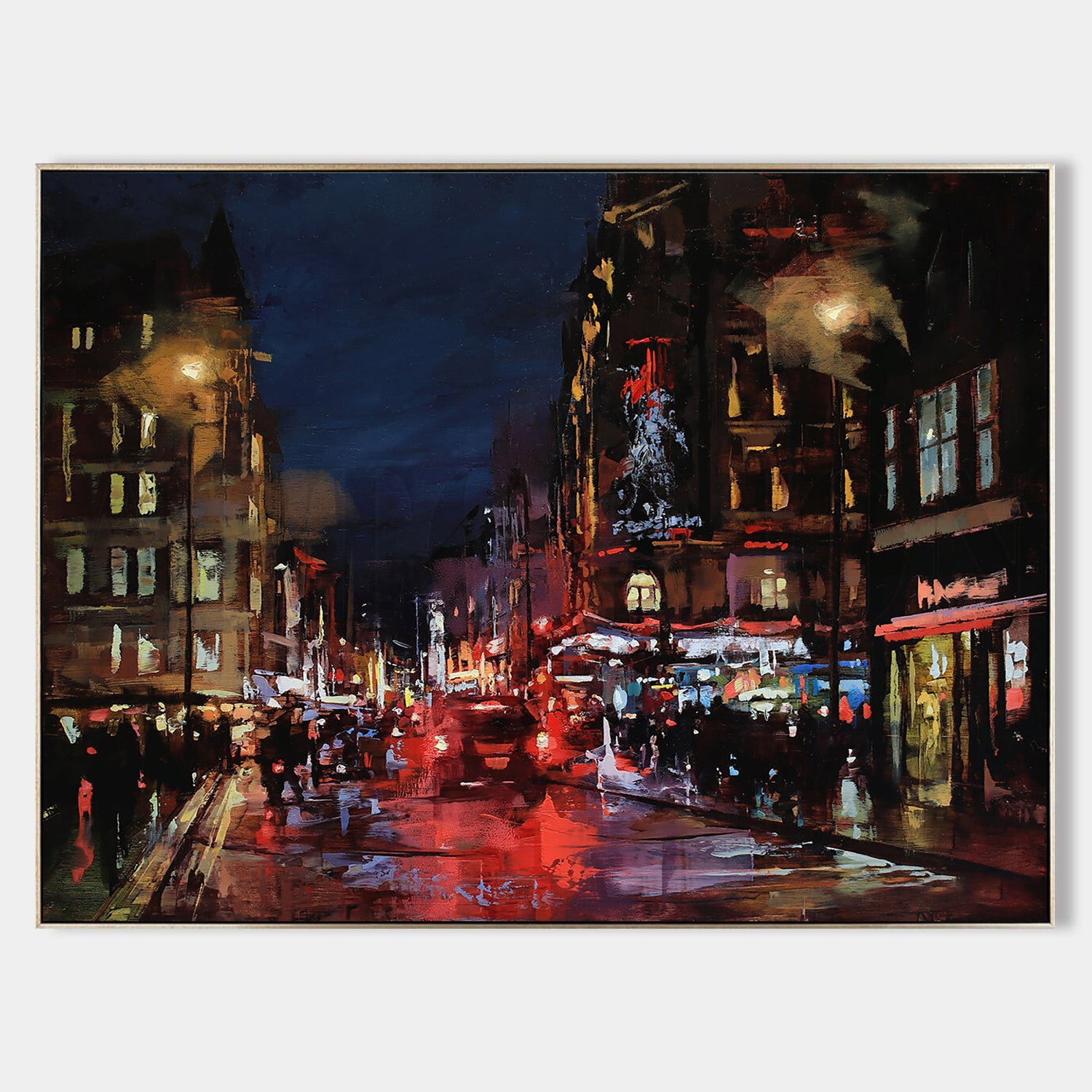 a painting of a city street at night