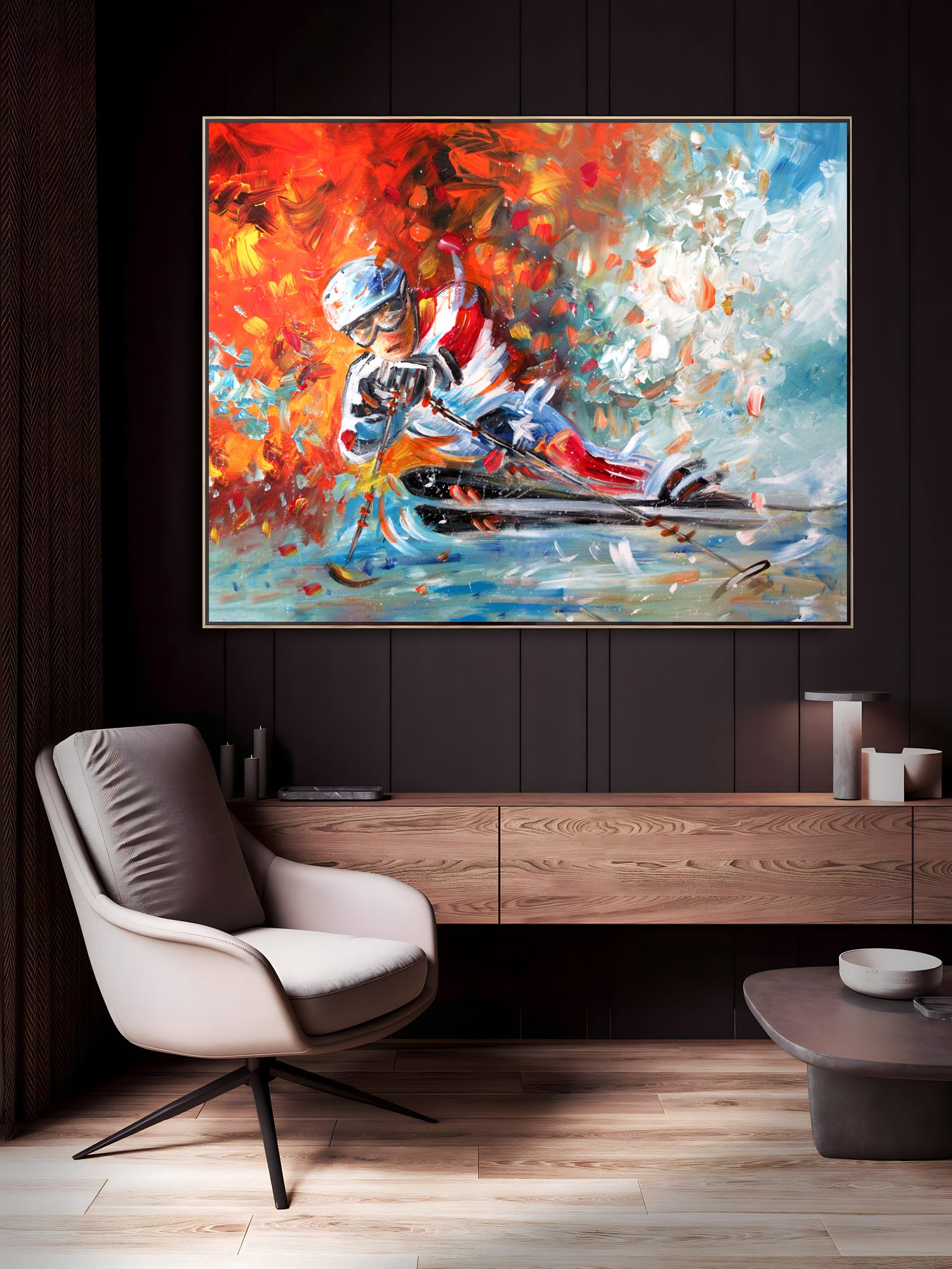 a painting of a person on skis in a room