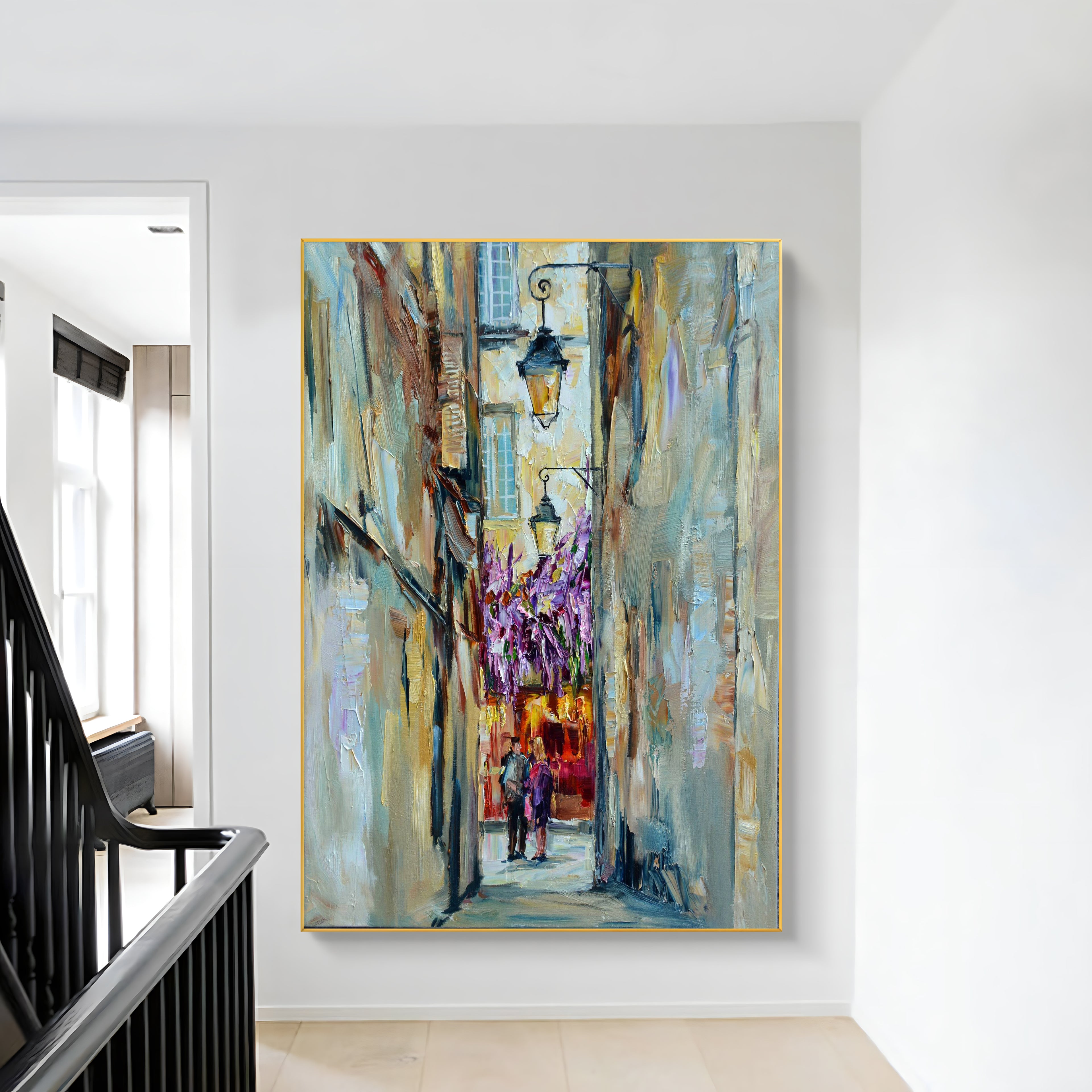 a painting hanging on a wall next to a banister