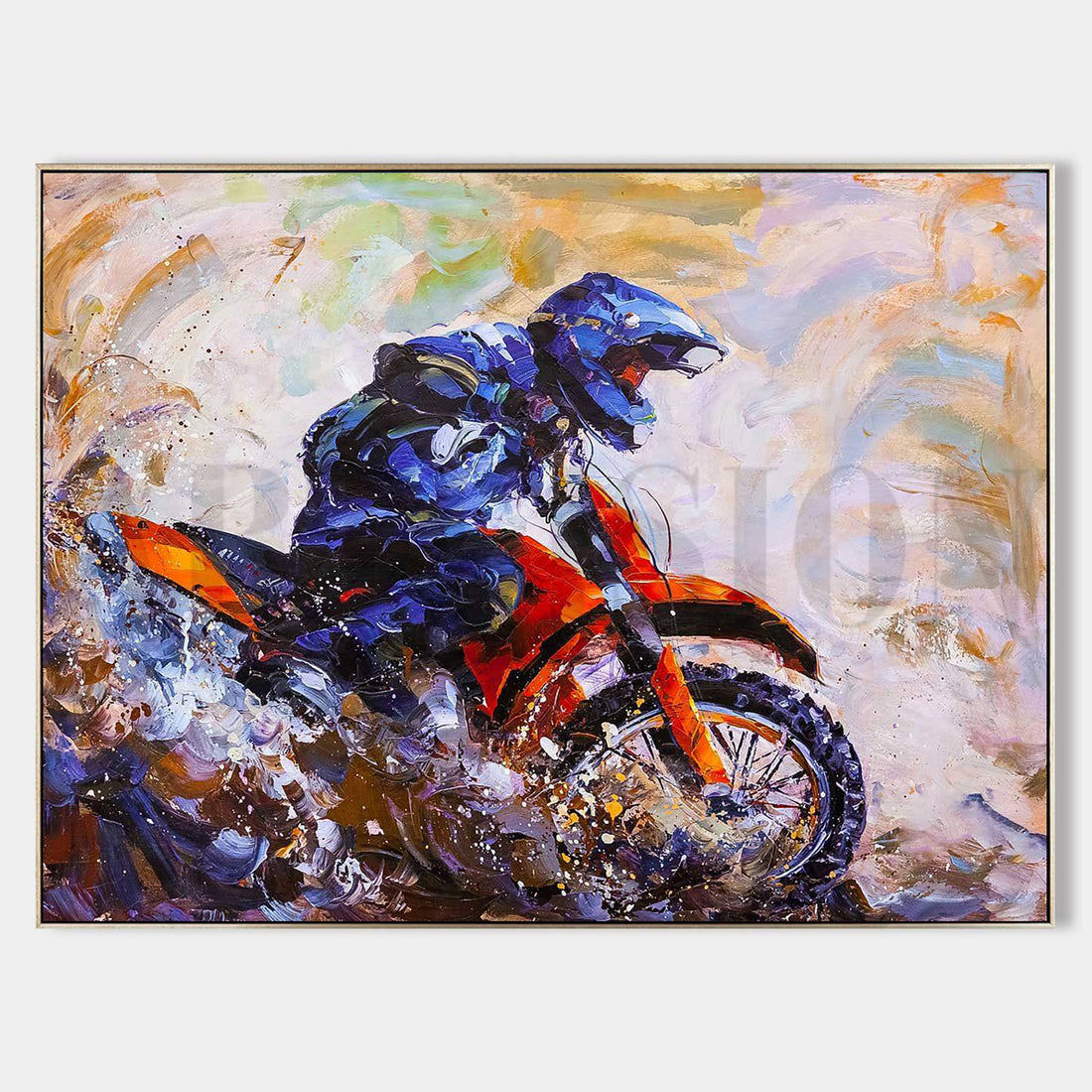 a painting of a man riding a dirt bike