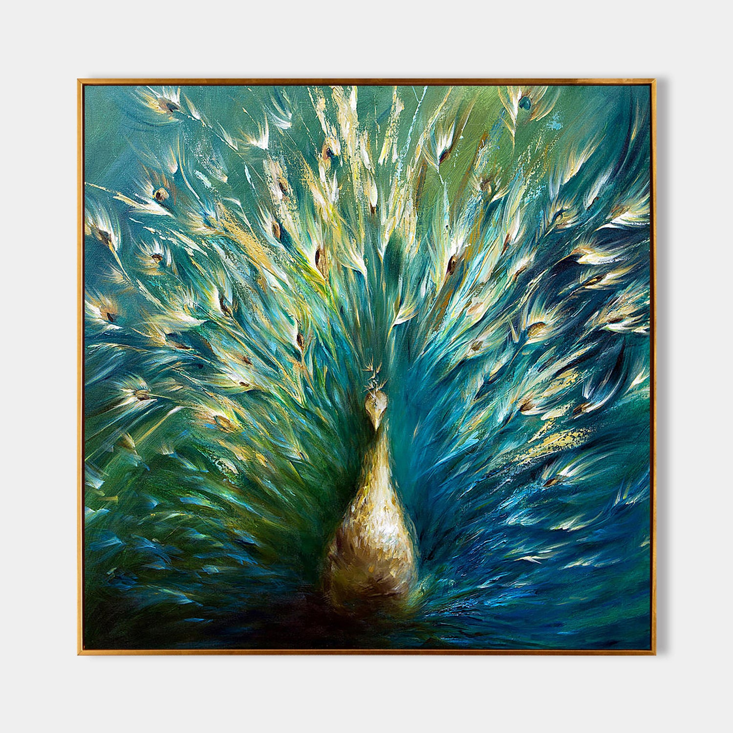 a painting of a peacock in a gold frame