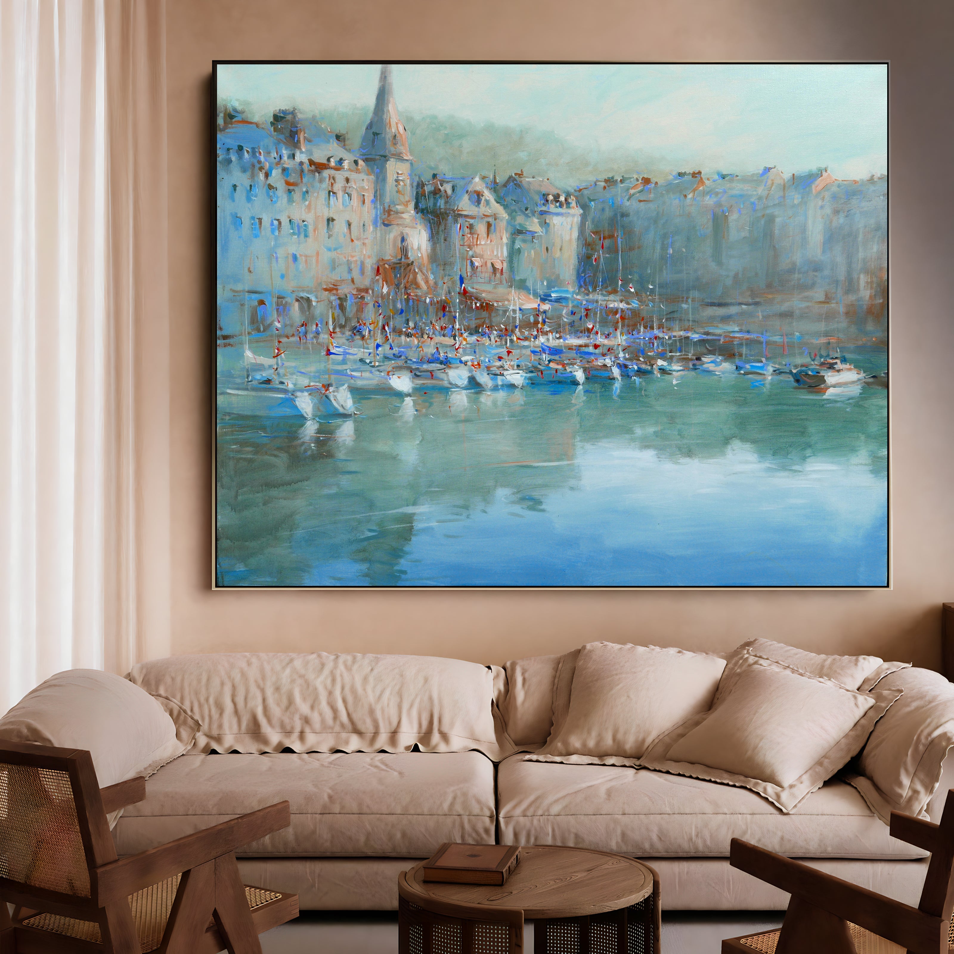 a living room with a large painting on the wall