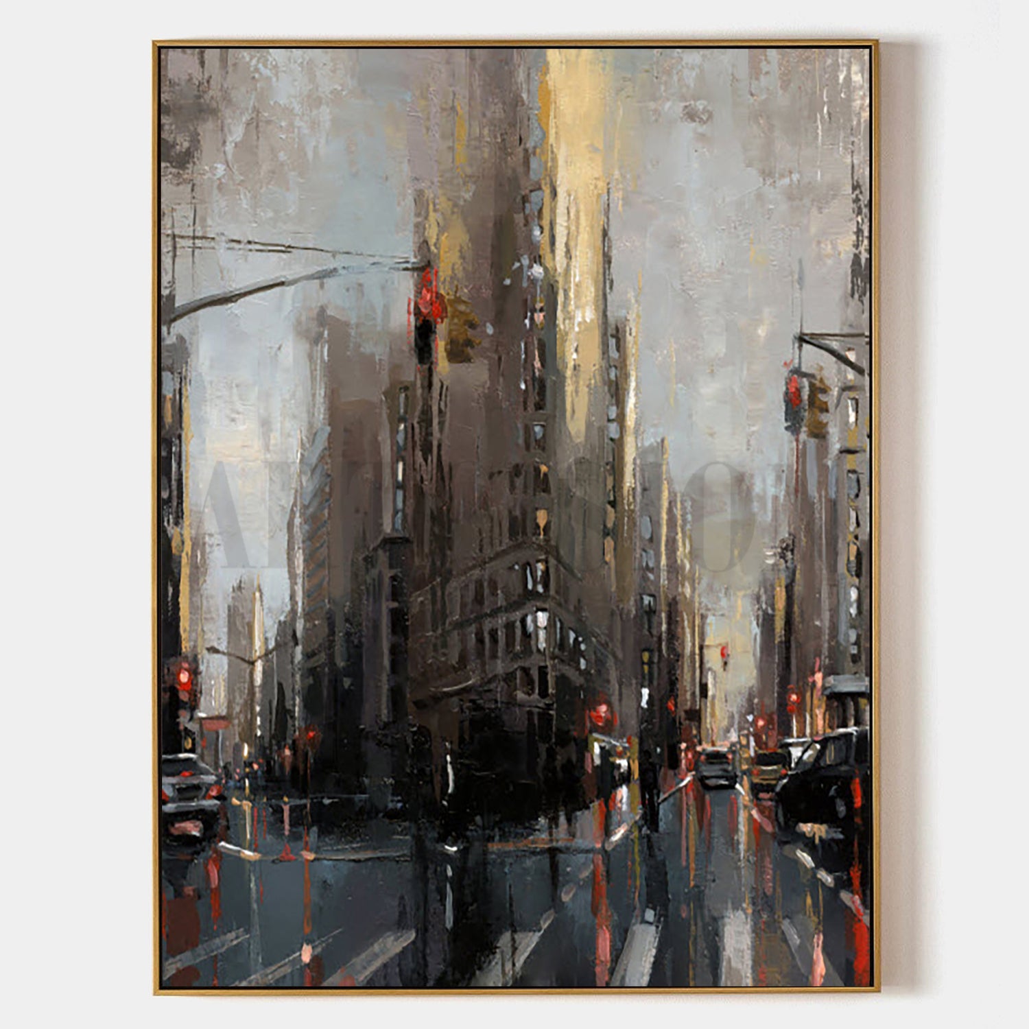 a painting of a city street with a traffic light