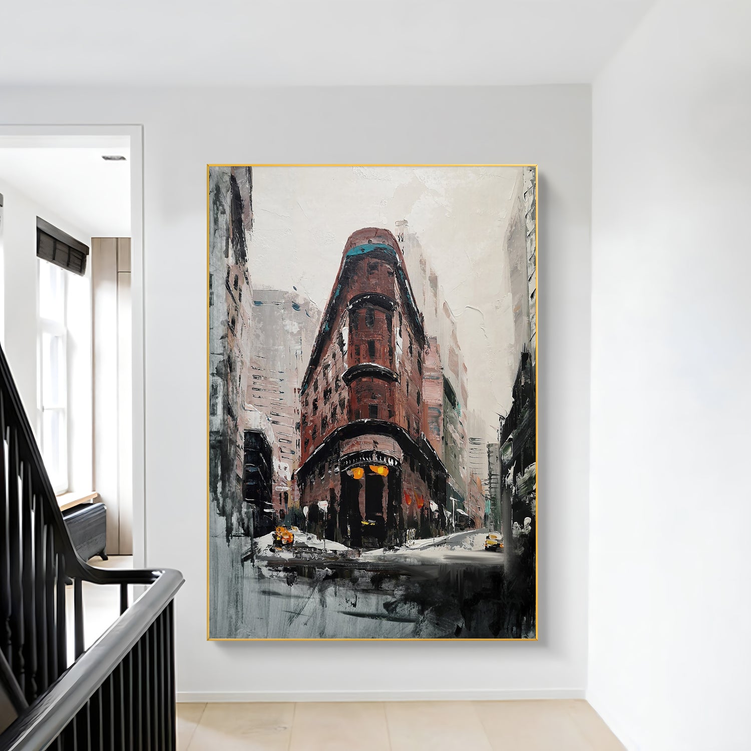 a painting hanging on a wall next to a stair case