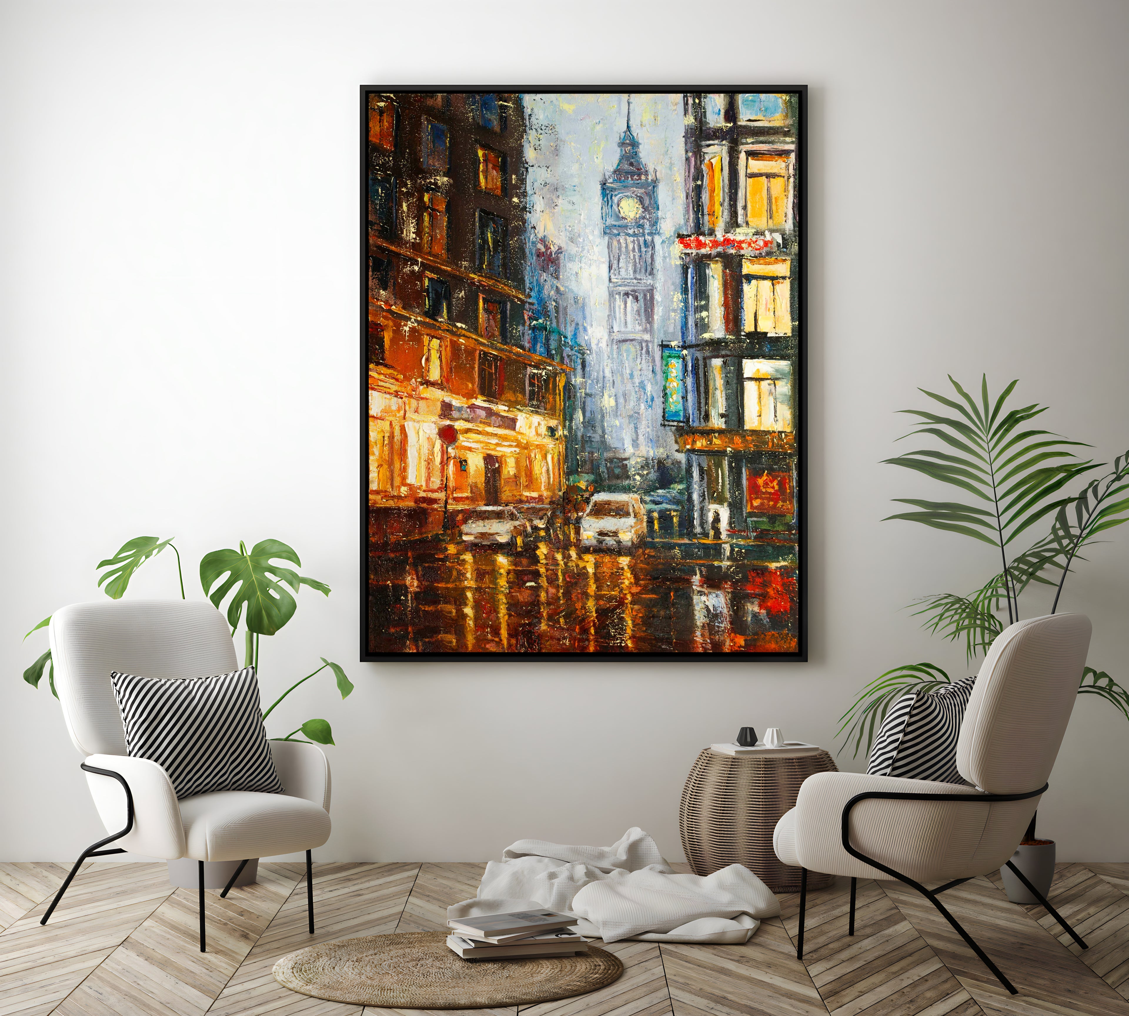 a painting of a city street with a clock tower in the background