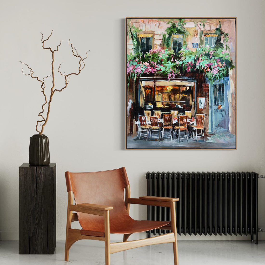 a painting of a restaurant with a table and chairs