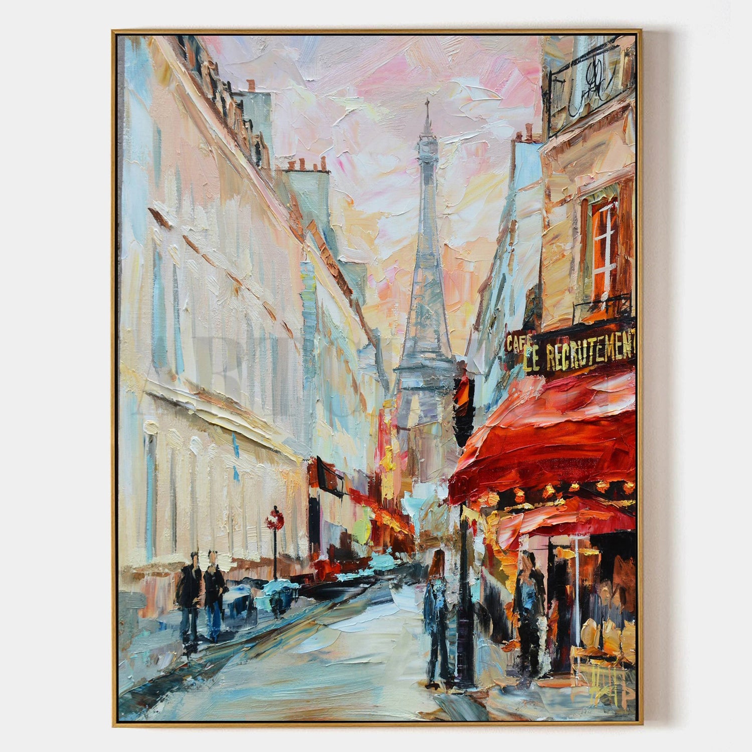 a painting of a city street with a tower in the background