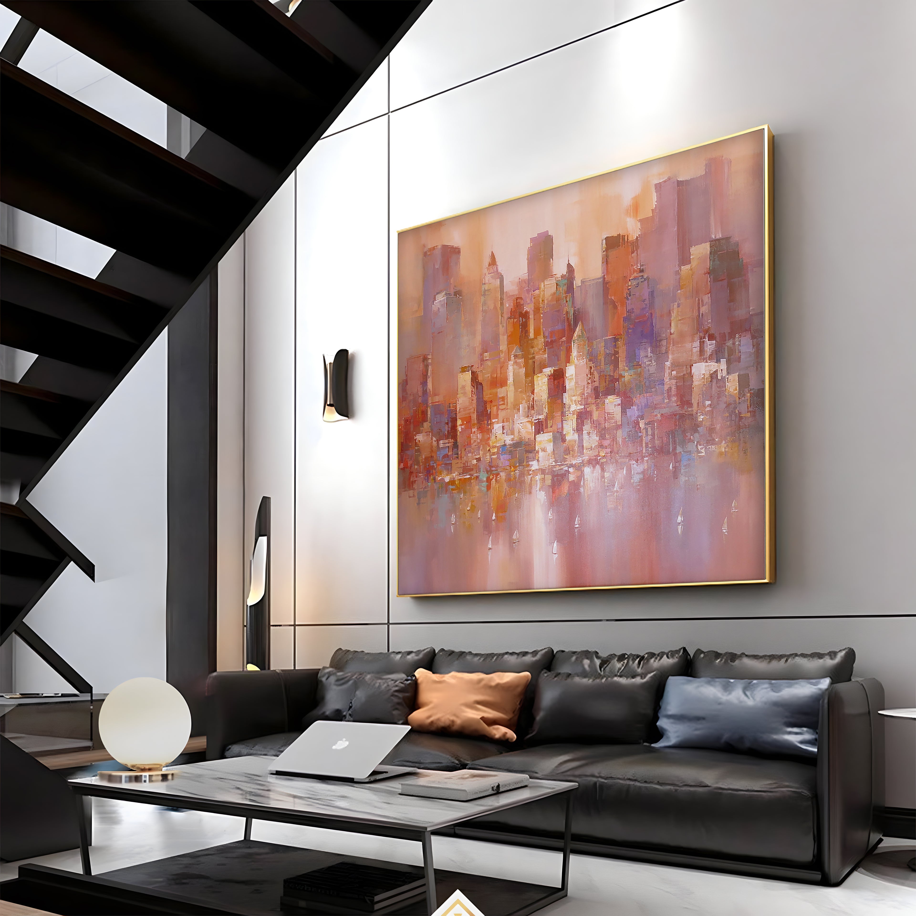 a living room filled with furniture and a painting on the wall