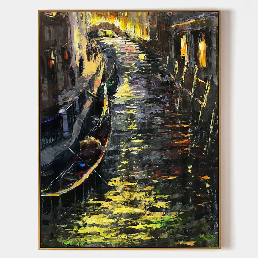 a painting of a canal with boats in it