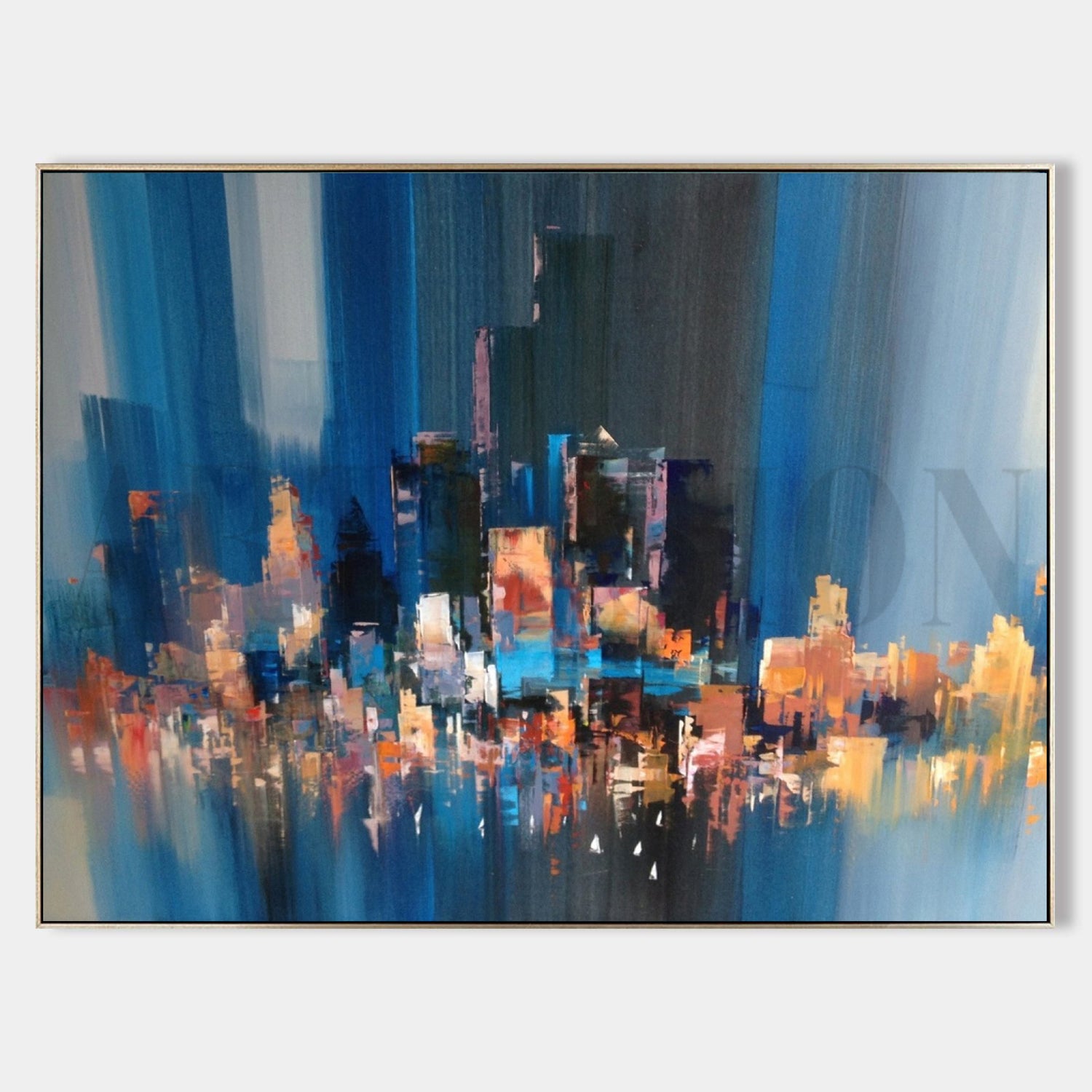 a painting of a cityscape in blue and yellow