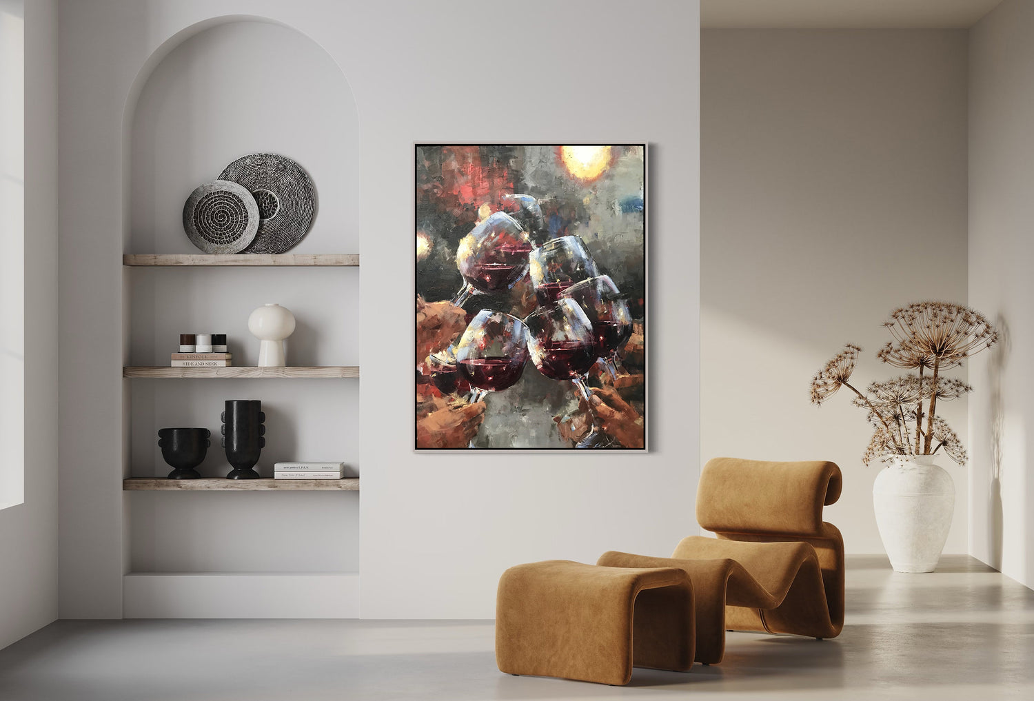 a living room with two chairs and a painting on the wall