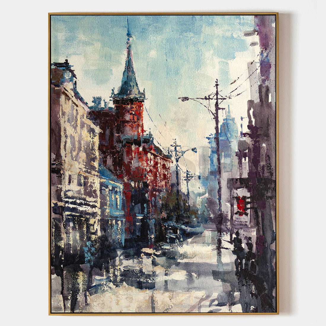 a painting of a city street with a clock tower