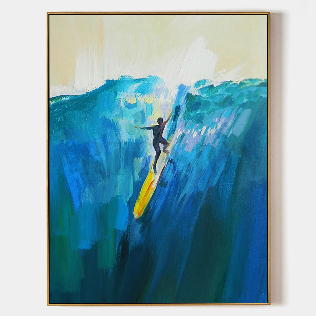 a painting of a surfer riding a wave