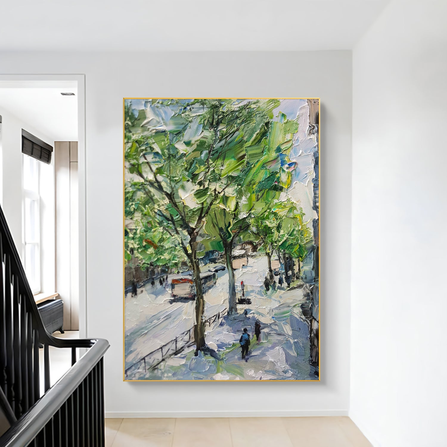 a painting hanging on a wall next to a banister