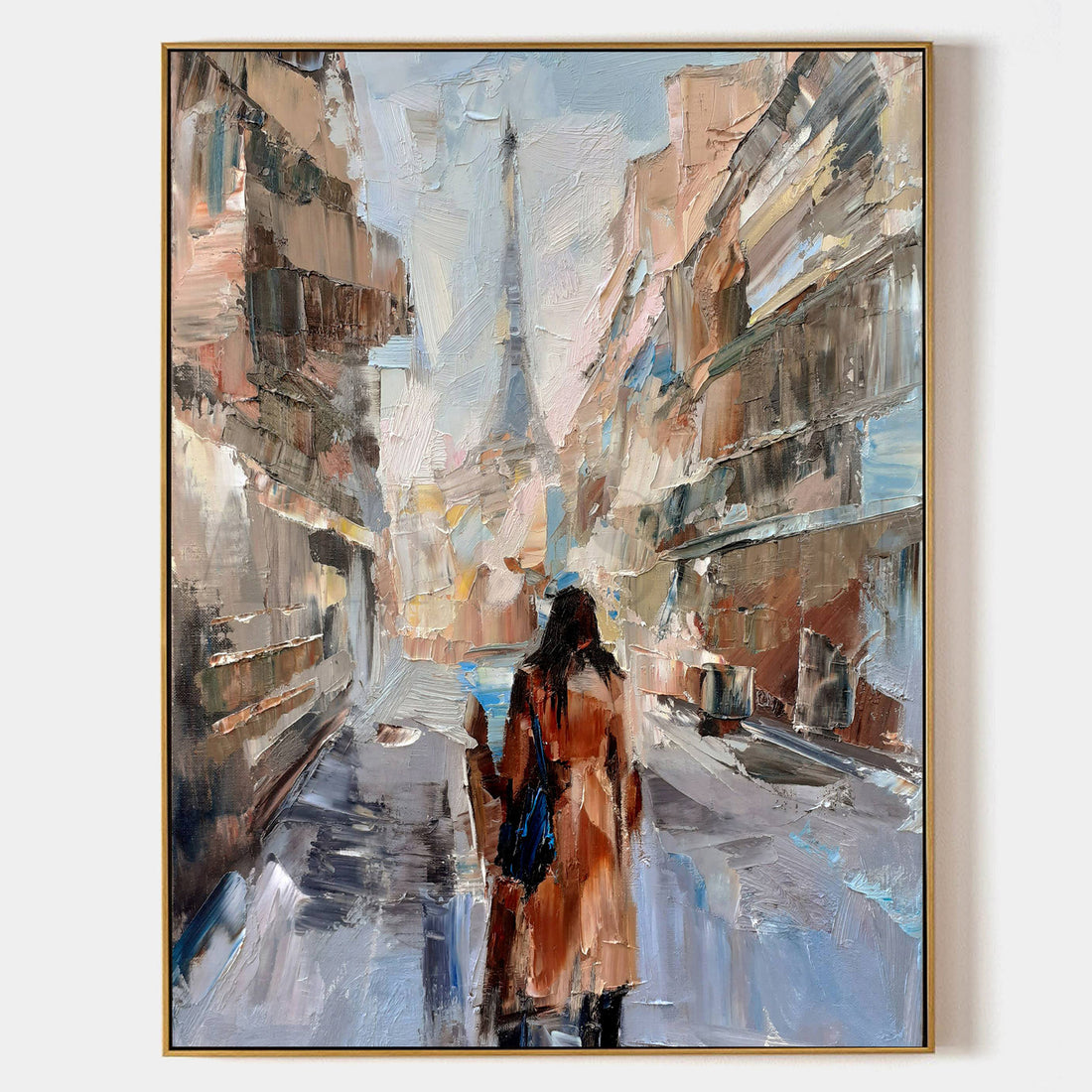 a painting of a woman walking down a street