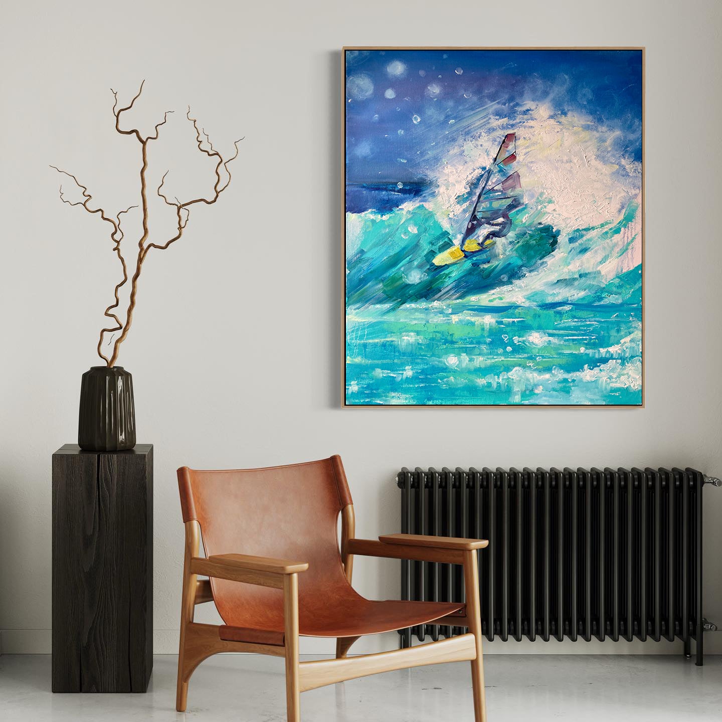 a painting of a person on a surfboard in the ocean