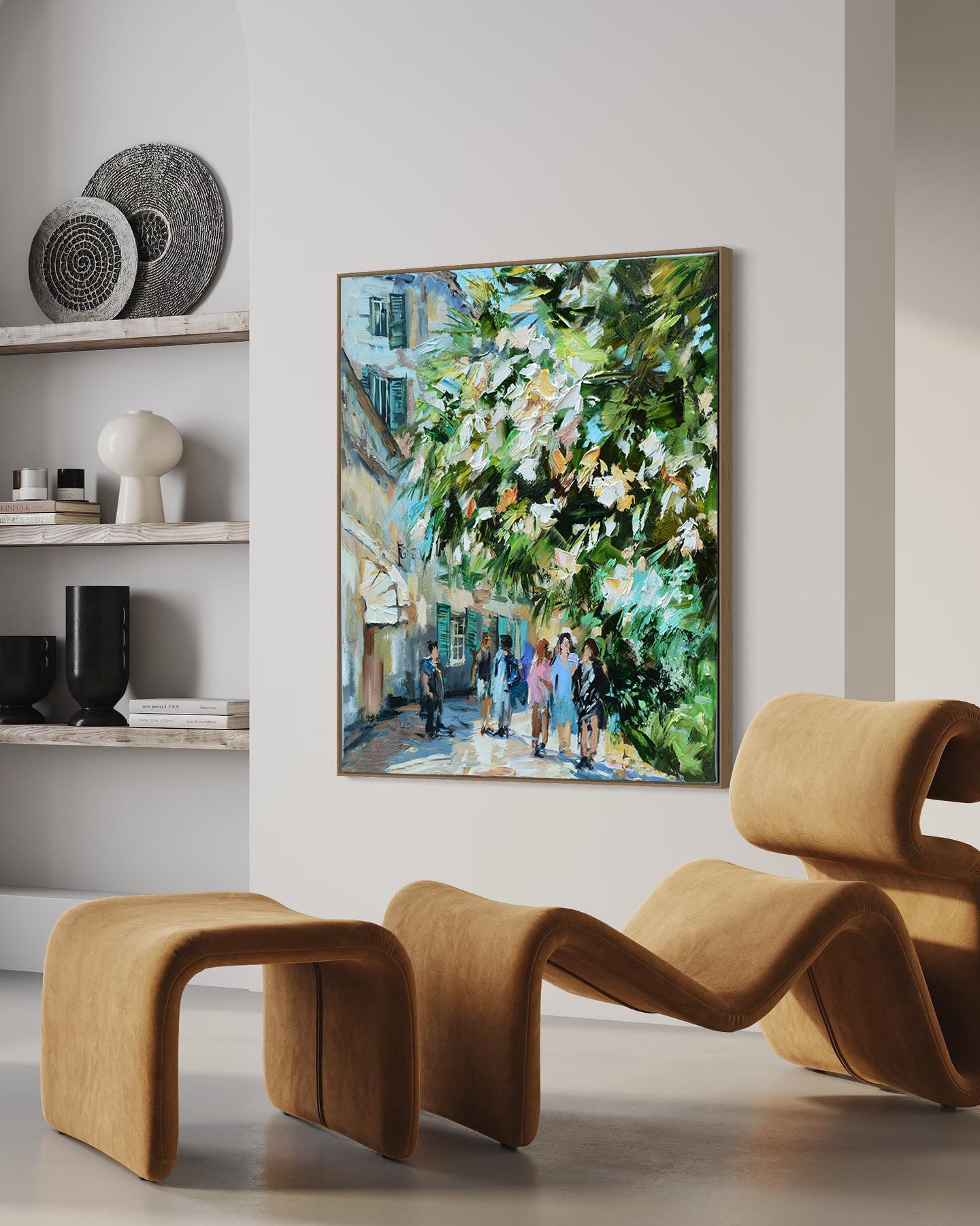 a painting hanging on the wall of a living room