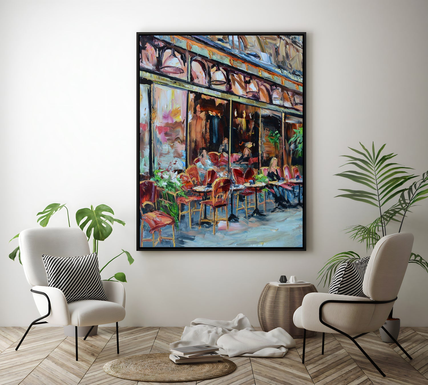 a painting of a restaurant with chairs and tables