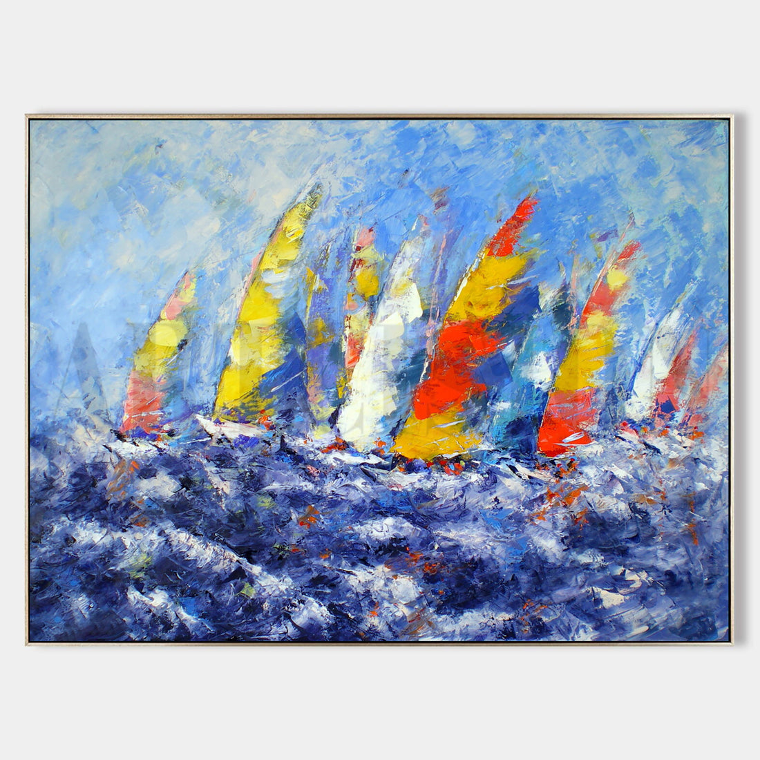 a painting of a bunch of sailboats in the ocean