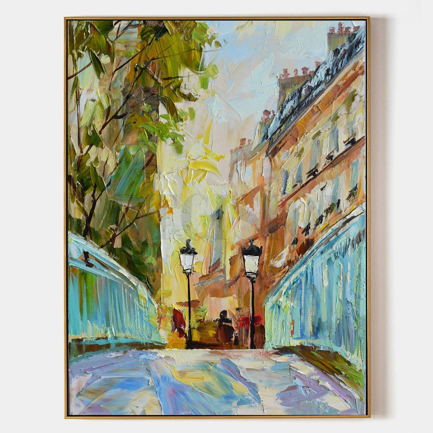 a painting of a city street with a lamp post