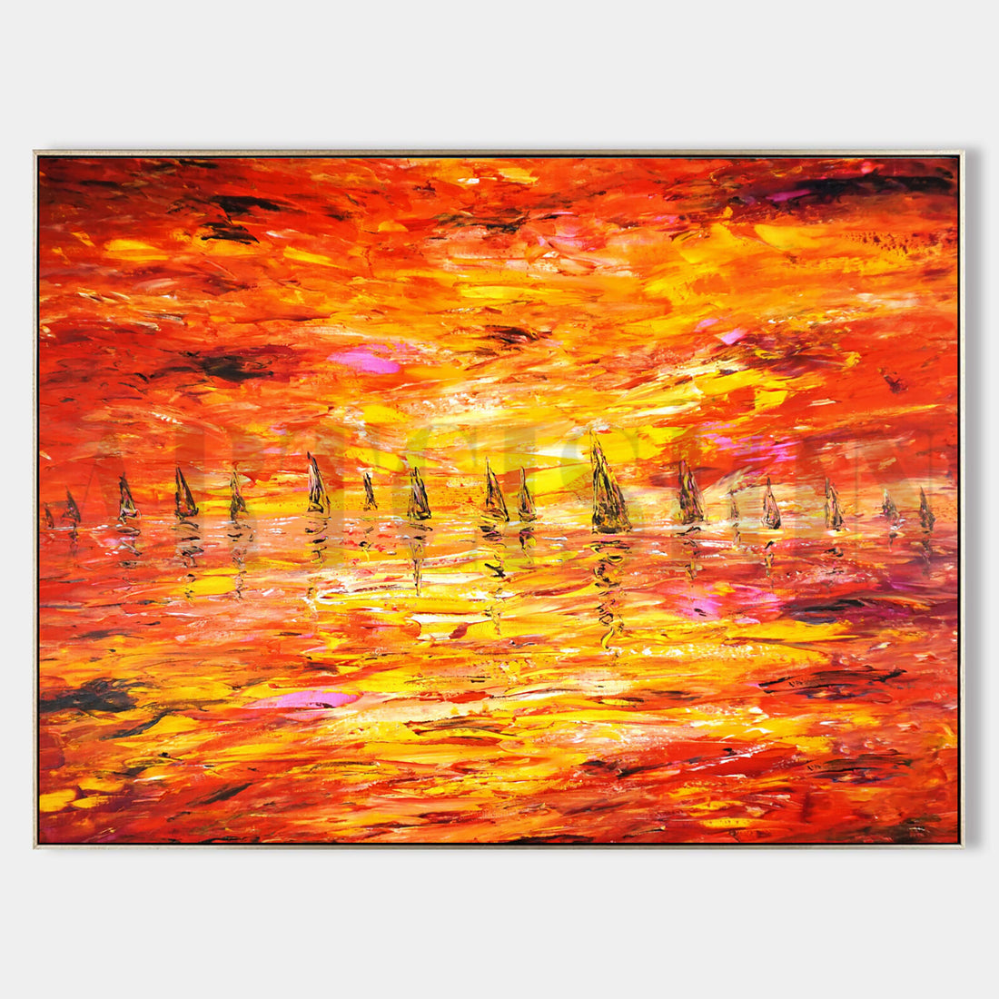 a painting of a sunset with sailboats in the water