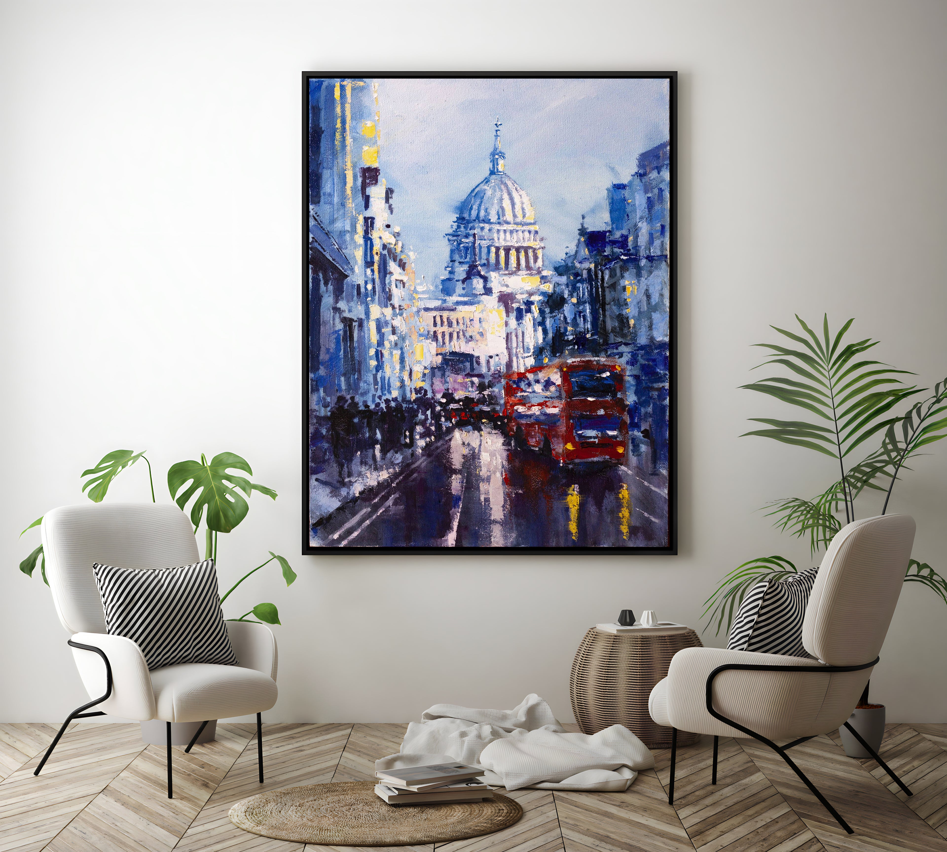 a painting of a city street with a double decker bus