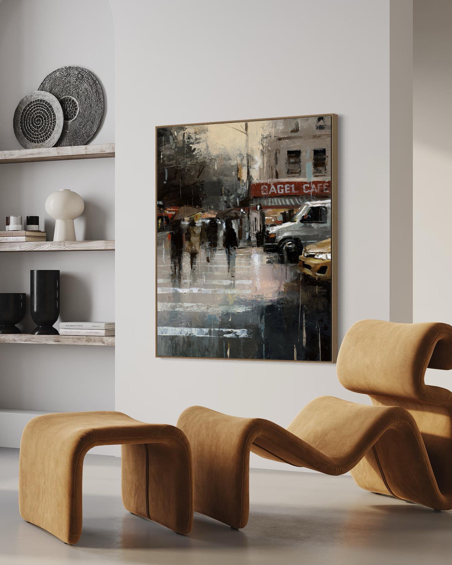 a painting of people walking in the rain