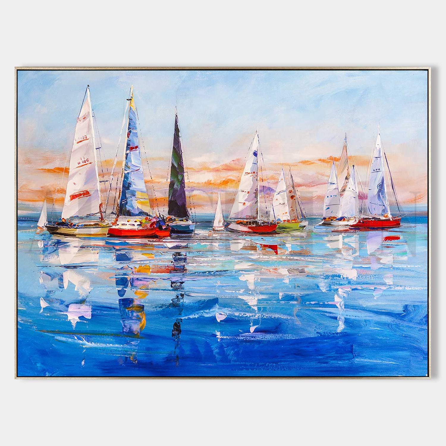 a painting of sailboats on a body of water