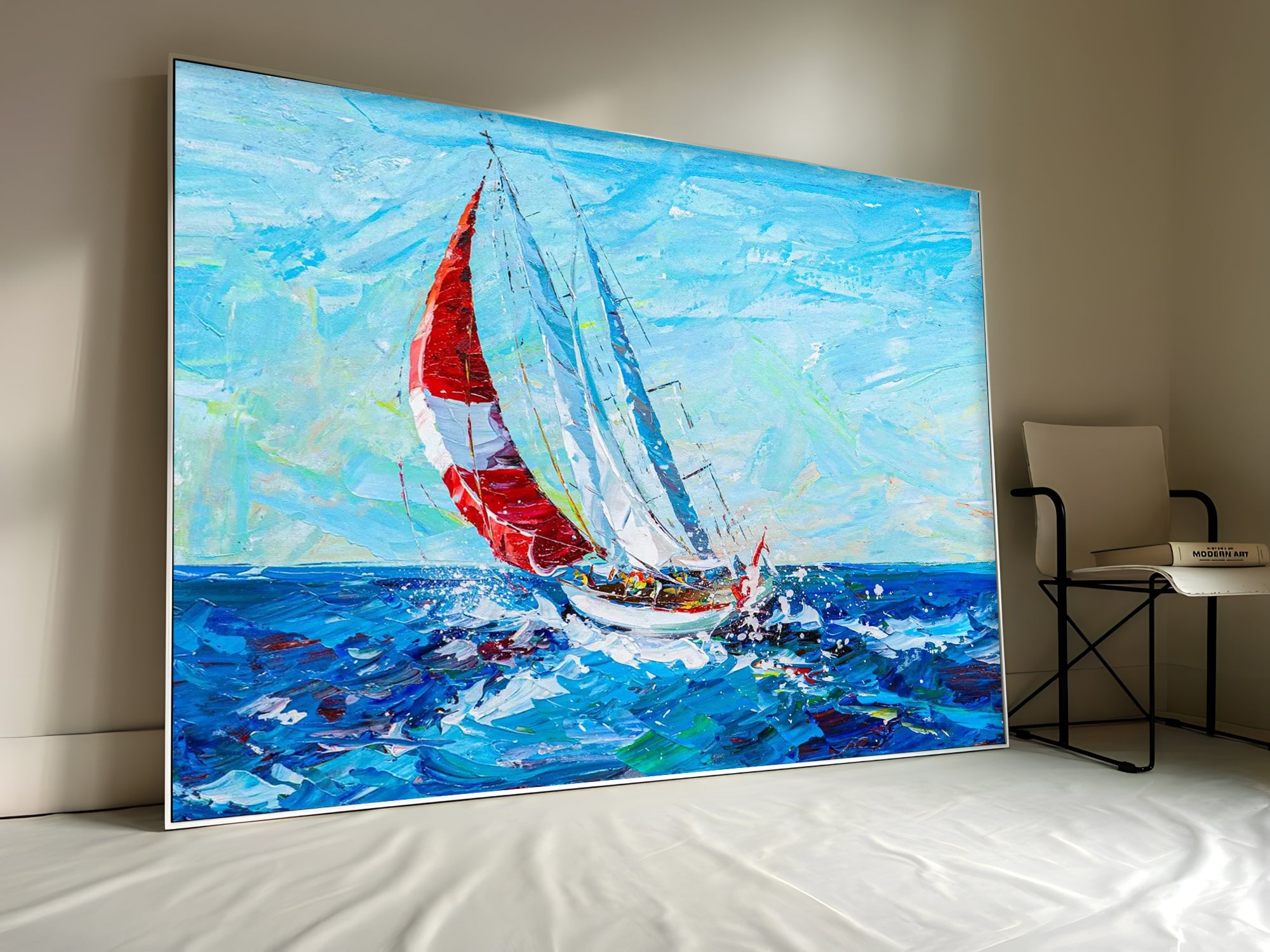 a painting of a sailboat in the ocean