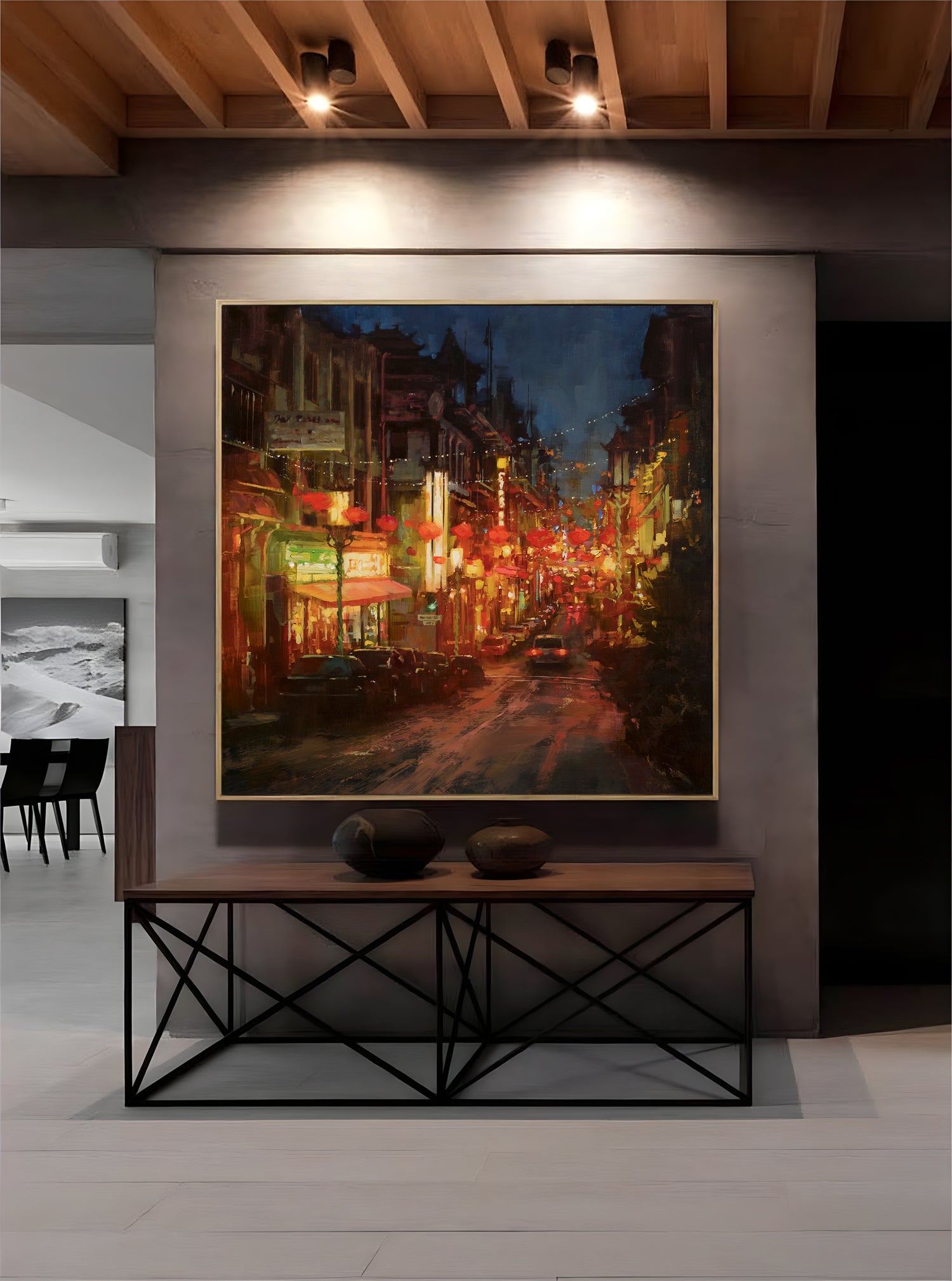 a painting of a city street at night