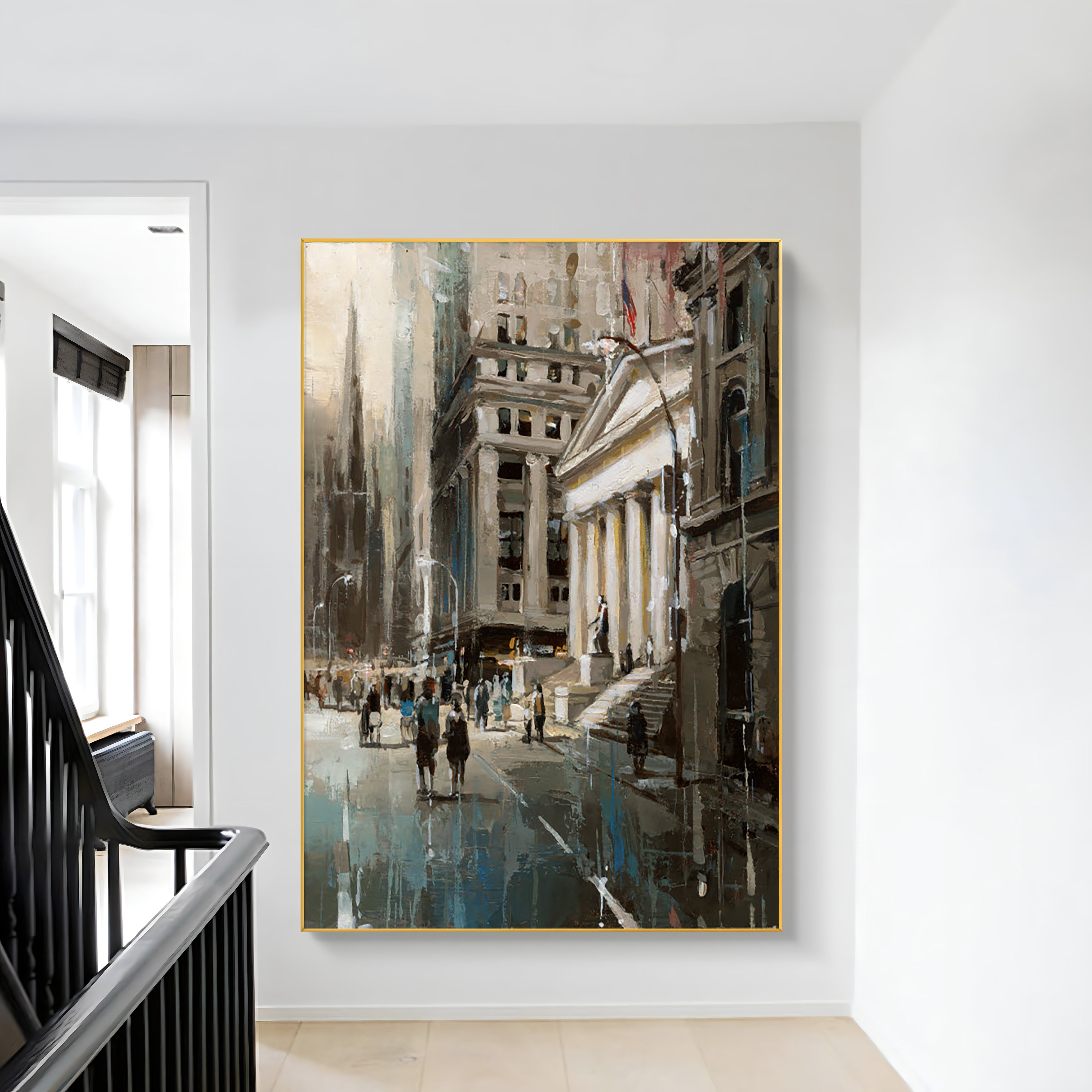 a painting of people walking down a city street