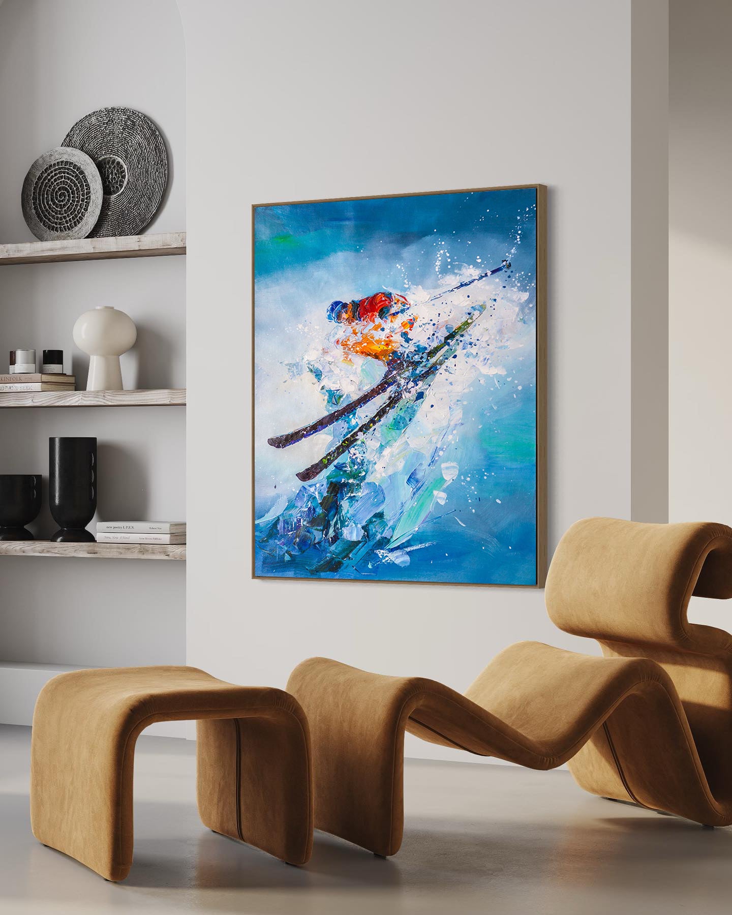 a painting of a skier is hanging in a living room