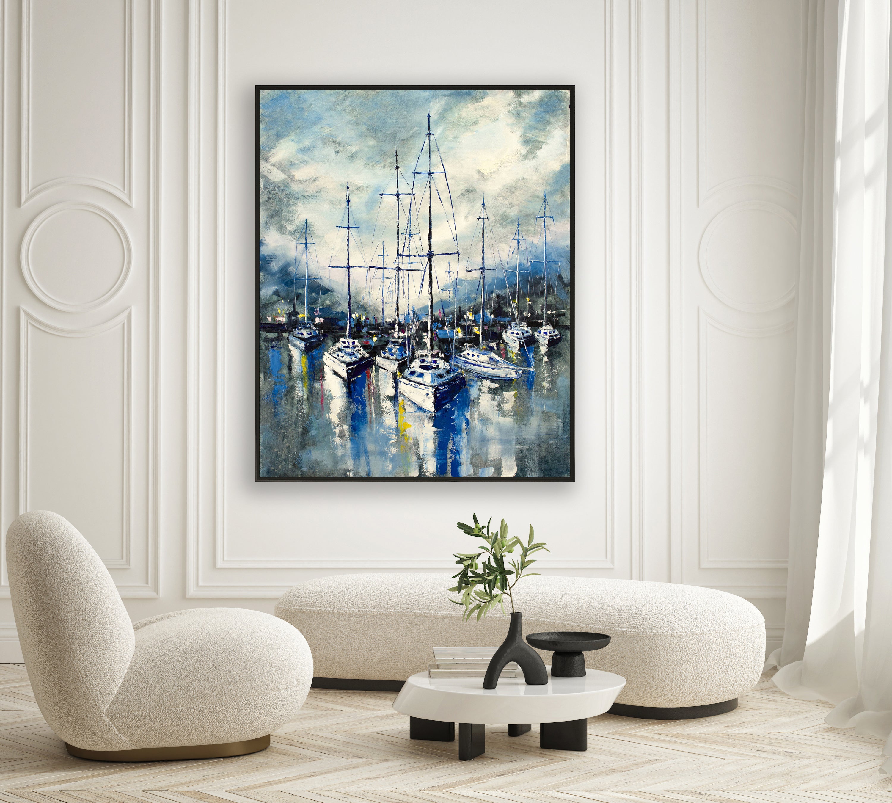 a painting of a sailboat in a white room