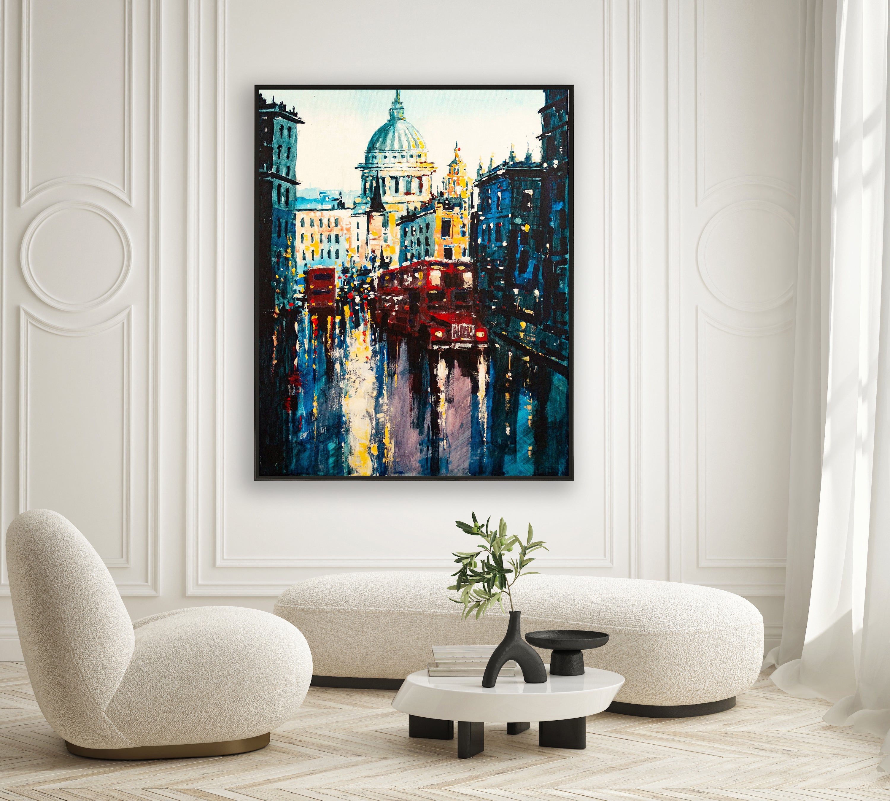 a living room with a painting of a cityscape