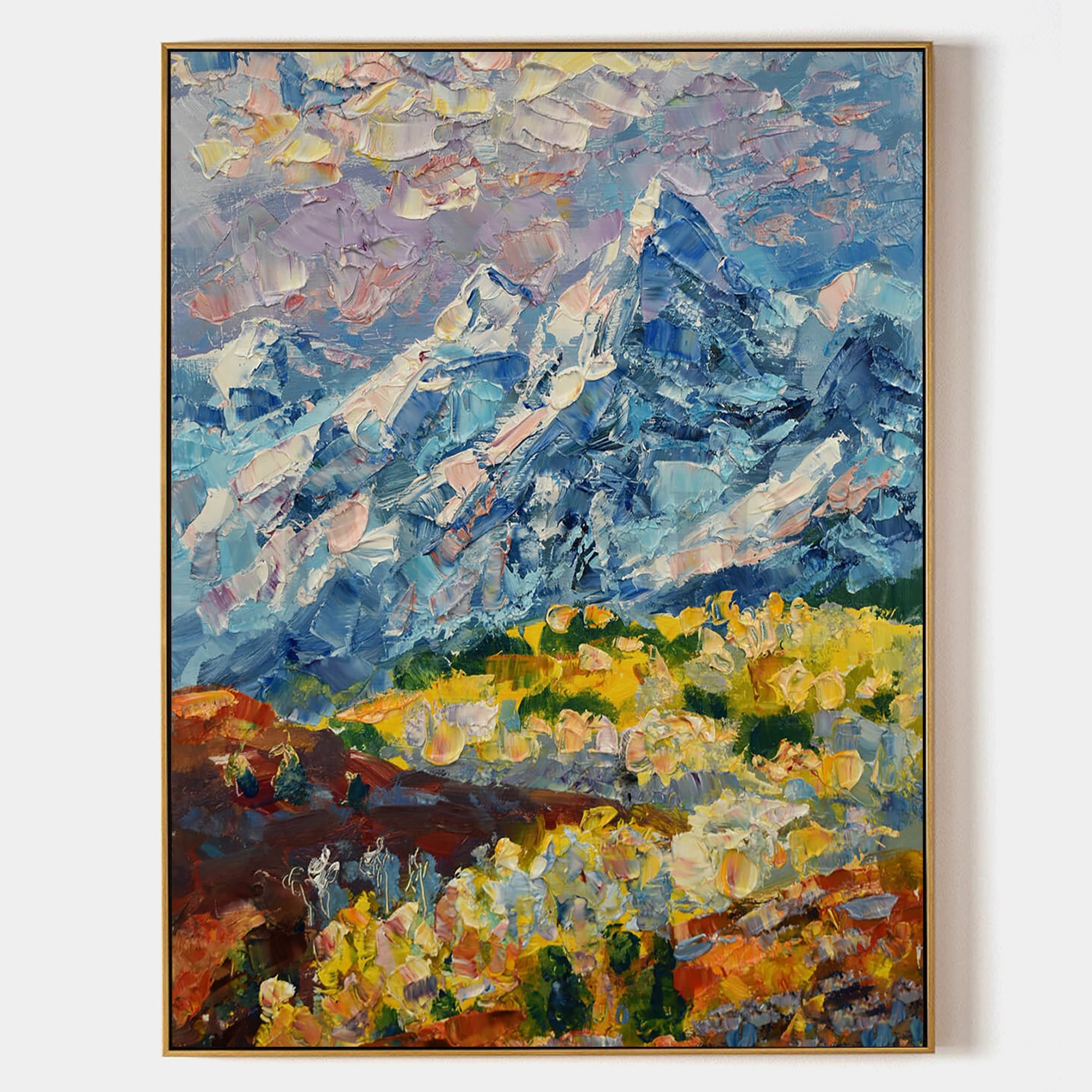 a painting of a mountain range in the background