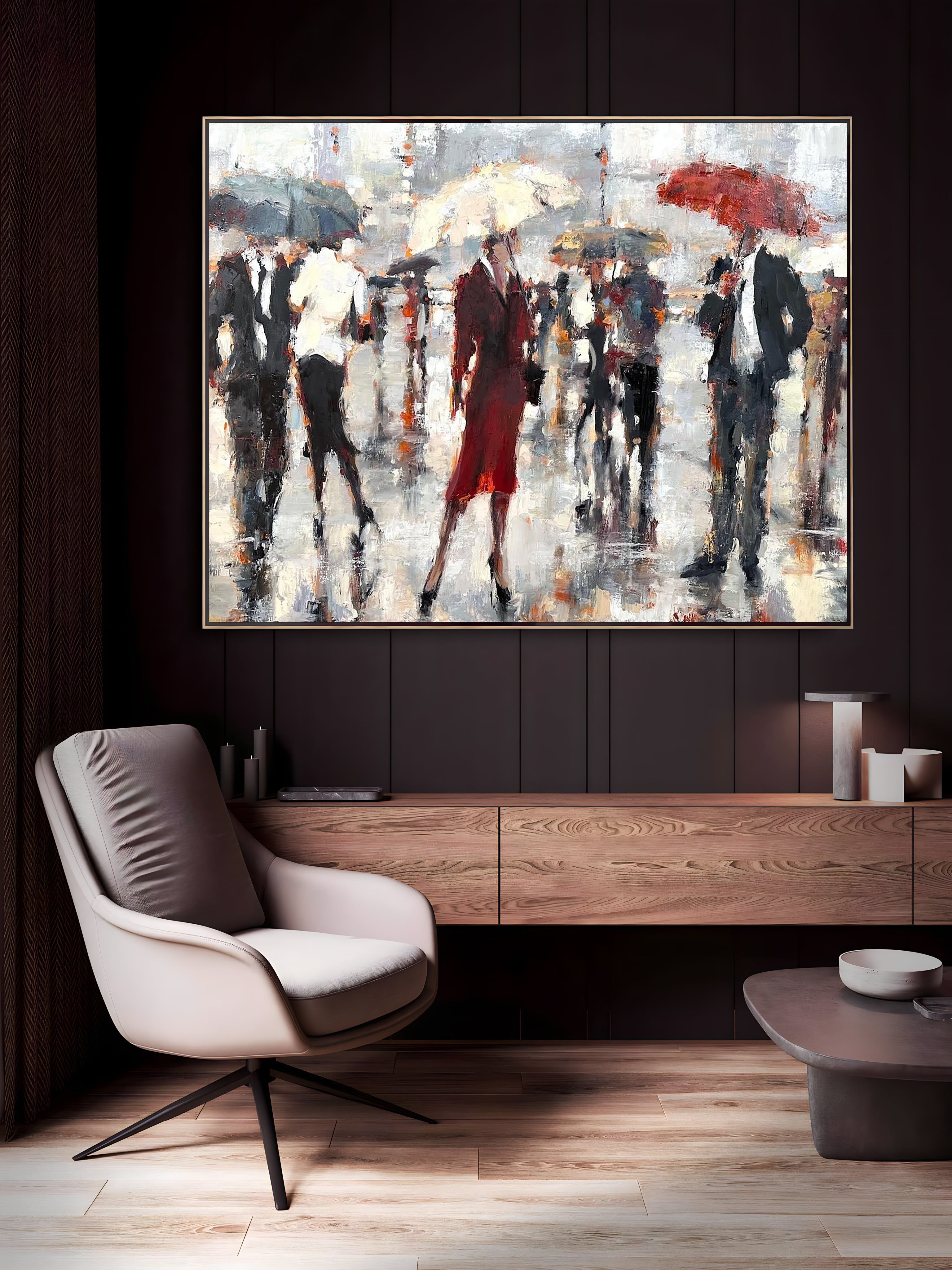 a painting of people walking in the rain with umbrellas