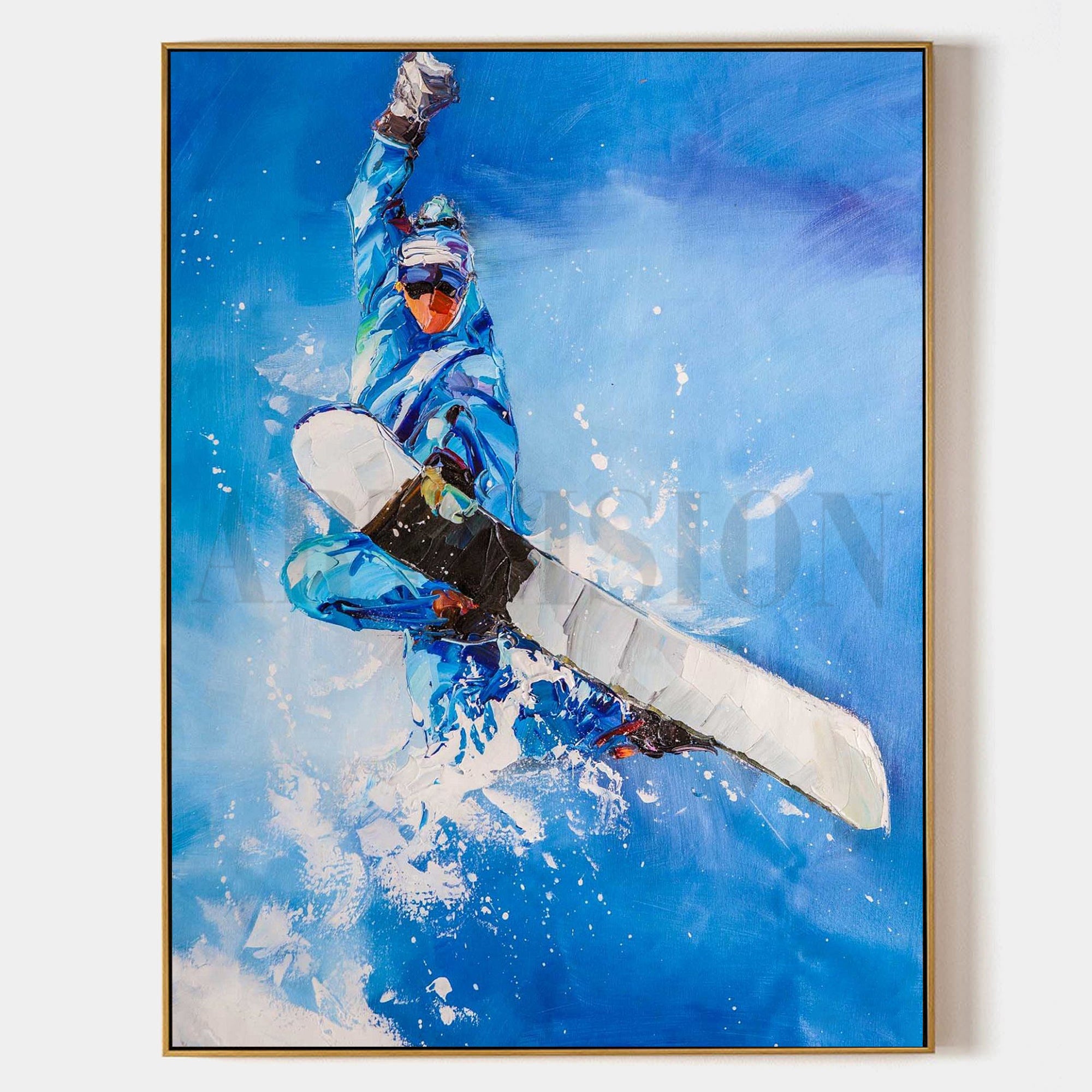 a painting of a snowboarder in the air