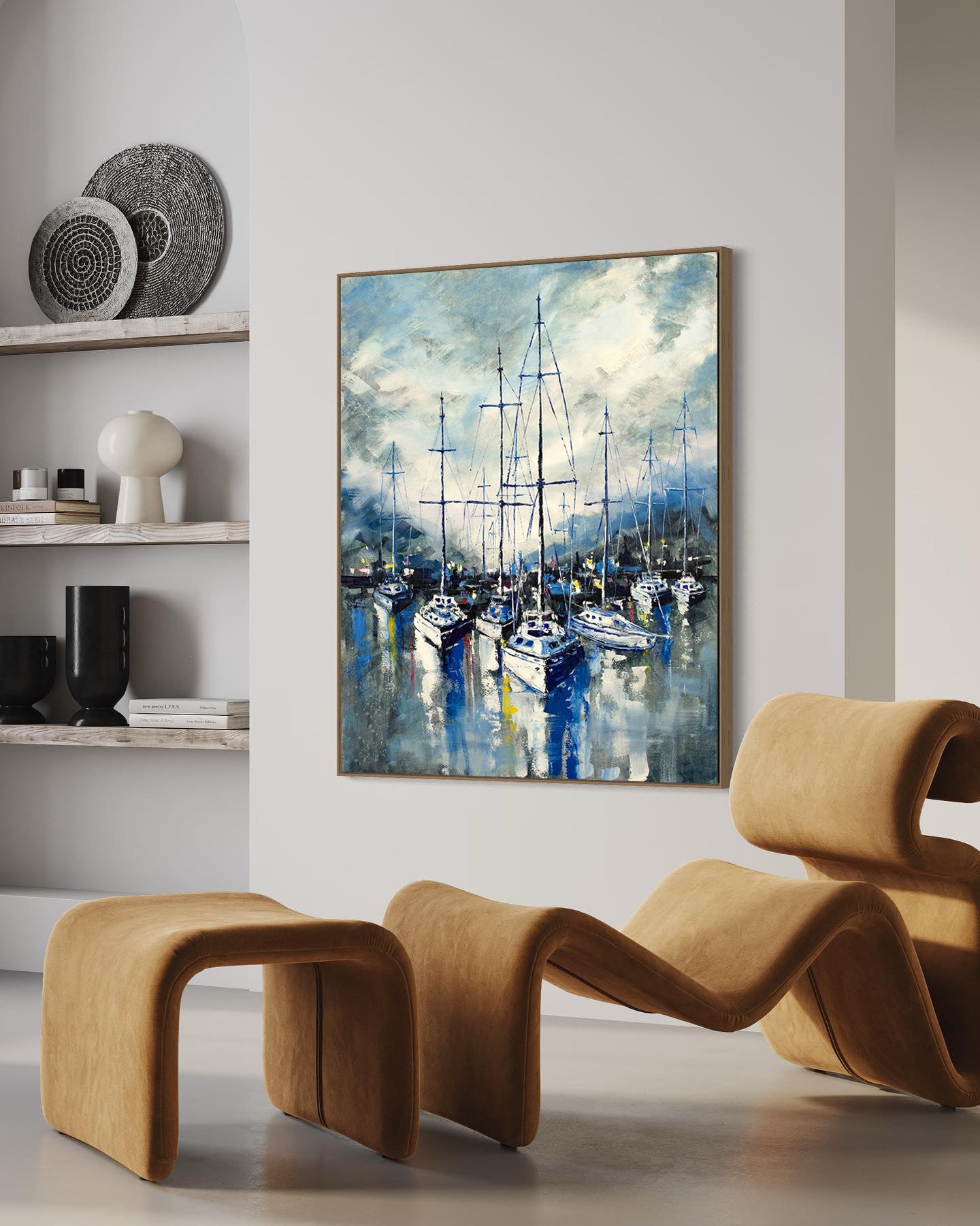 a painting of boats in a harbor on a wall