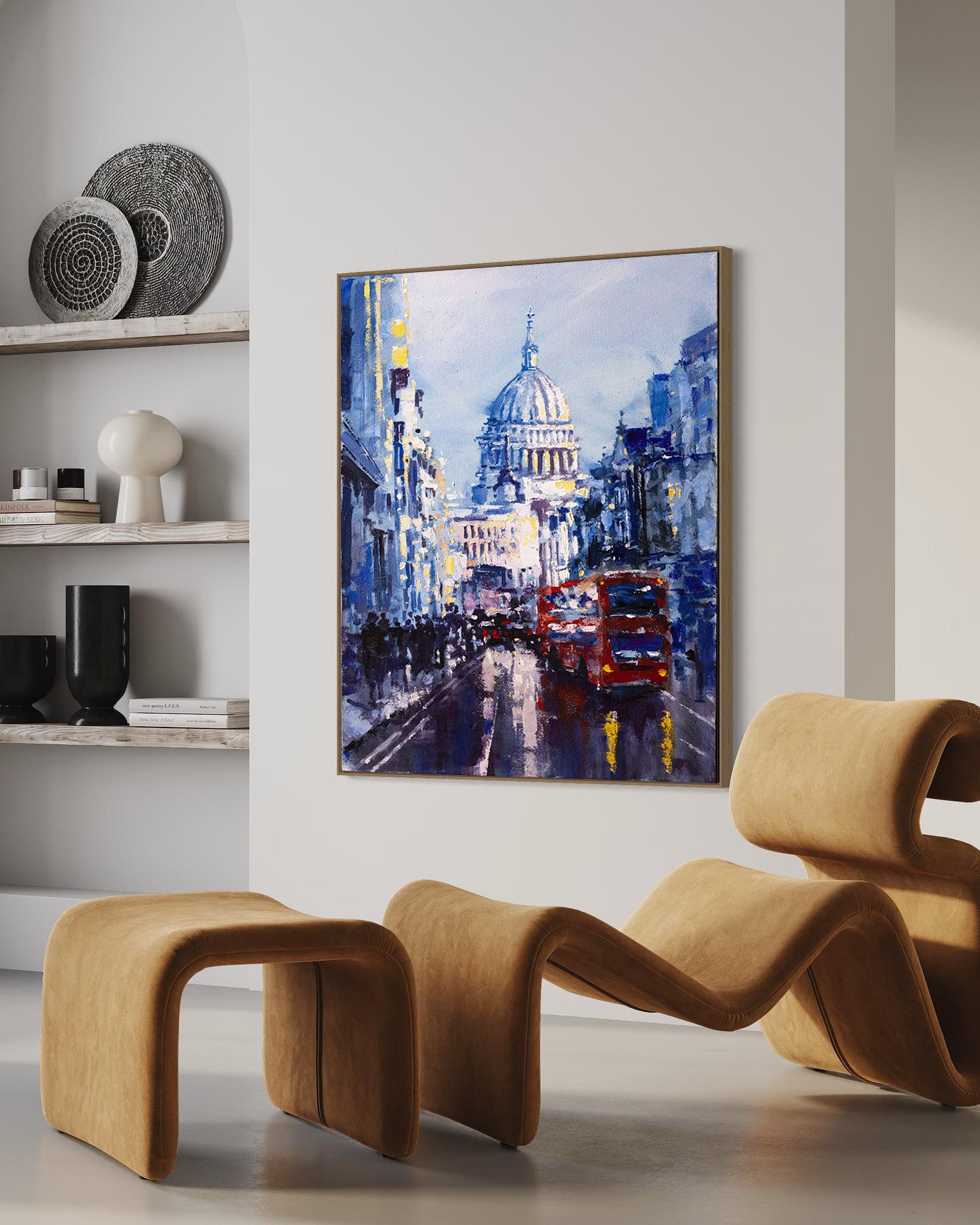 a painting of a cityscape is hanging on a wall