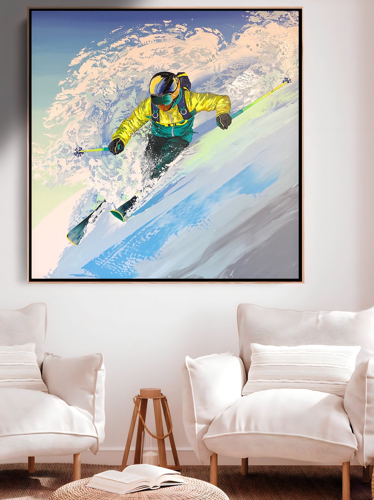 a painting of a man skiing down a mountain