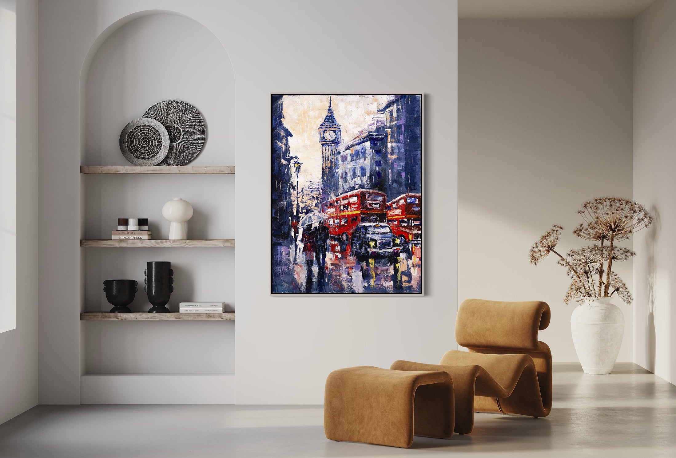 a painting of a red double decker bus on a city street