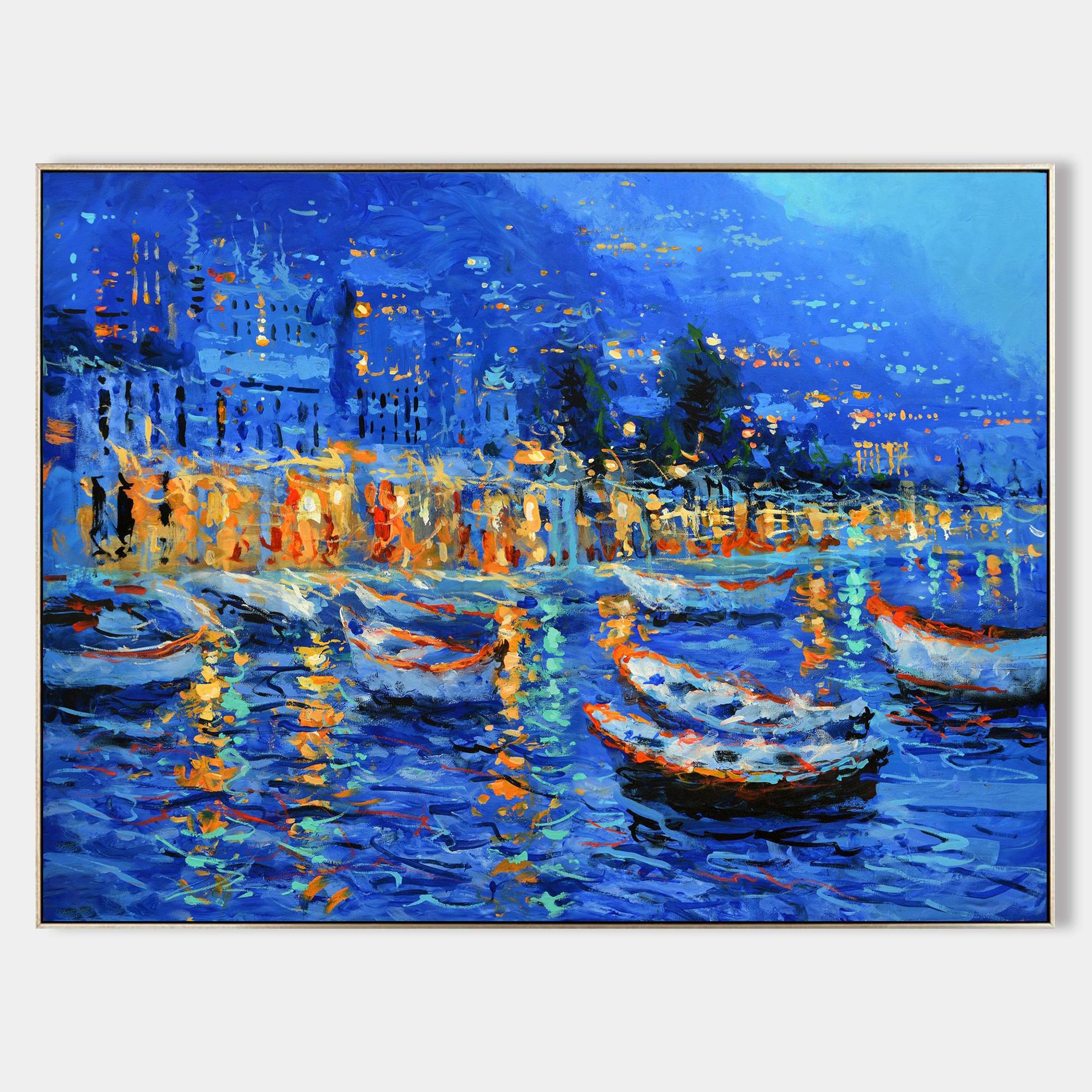 a painting of boats in a harbor at night