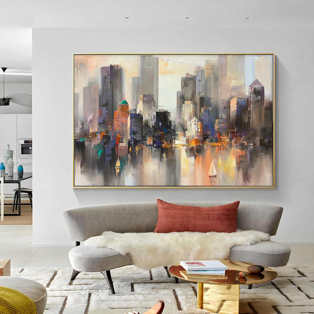 a painting hanging on the wall of a room