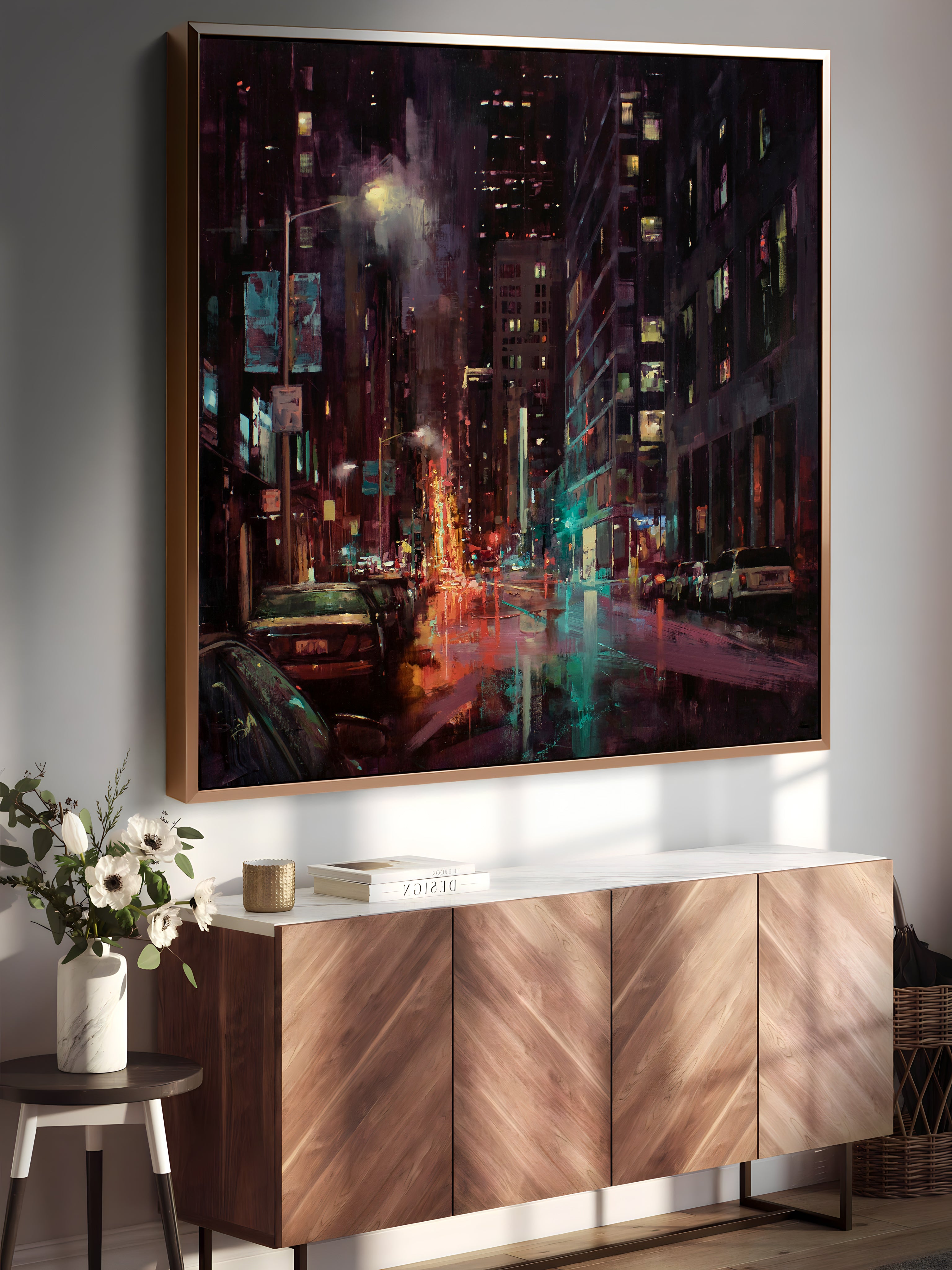 a painting of a city street at night