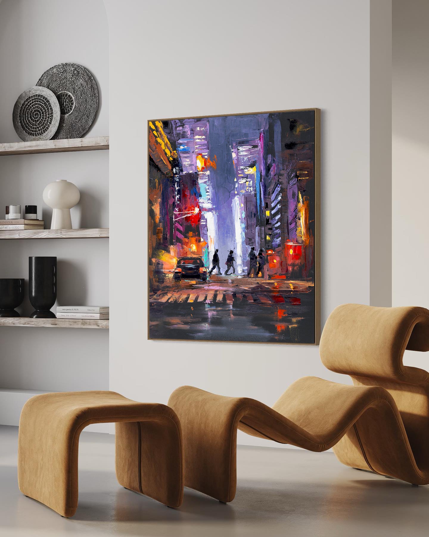 a painting of a city at night with people crossing the street