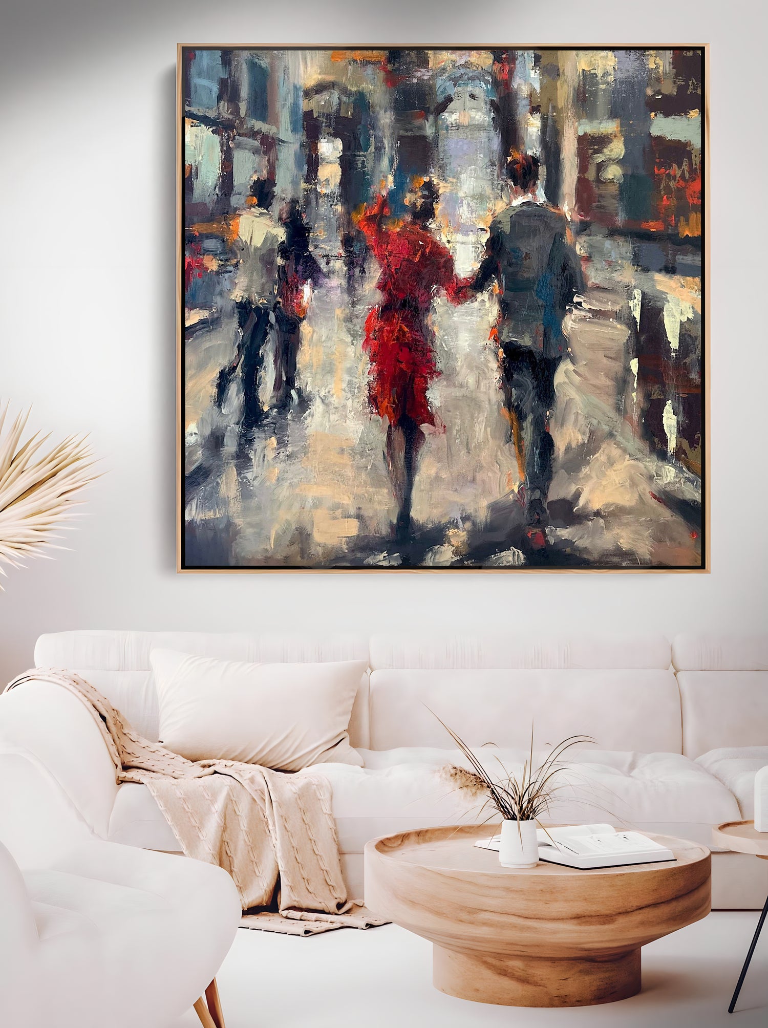 a painting of people walking down a street