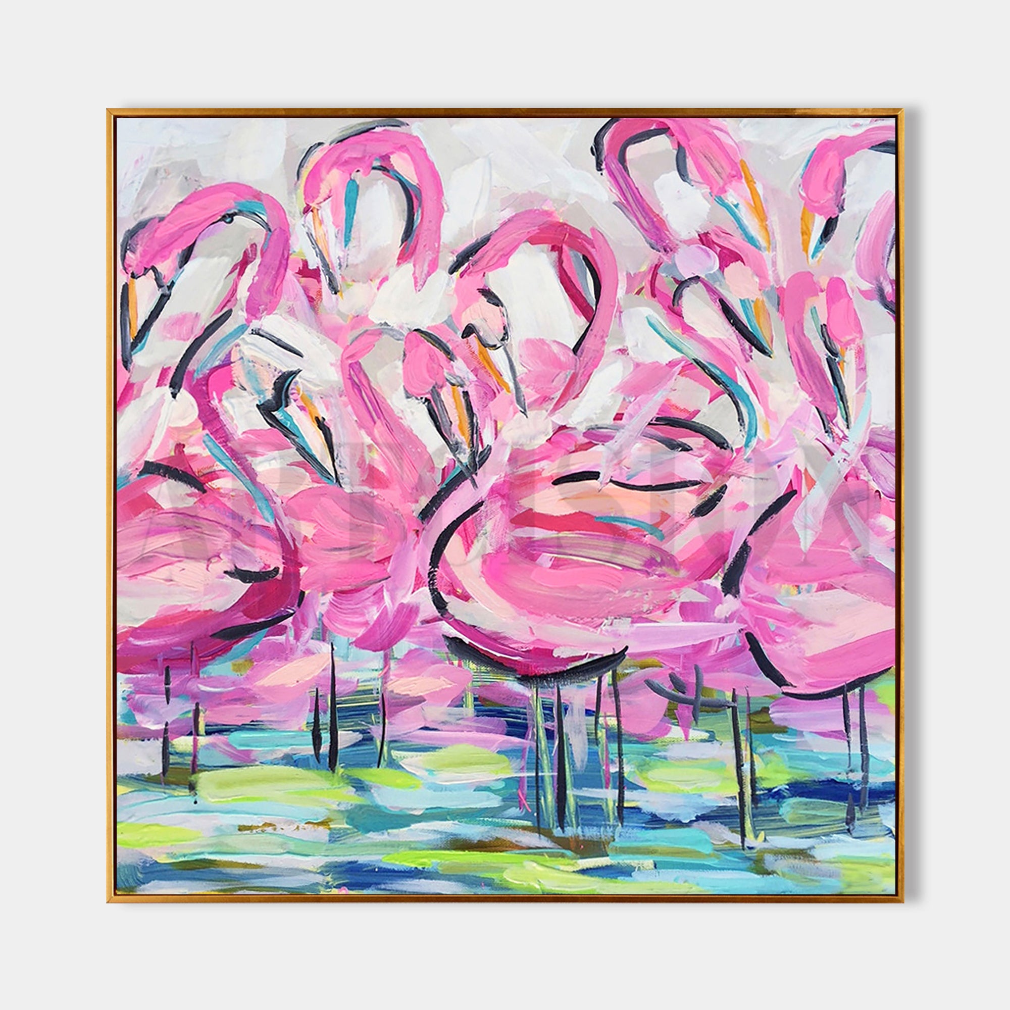 a painting of pink flamingos on a white background