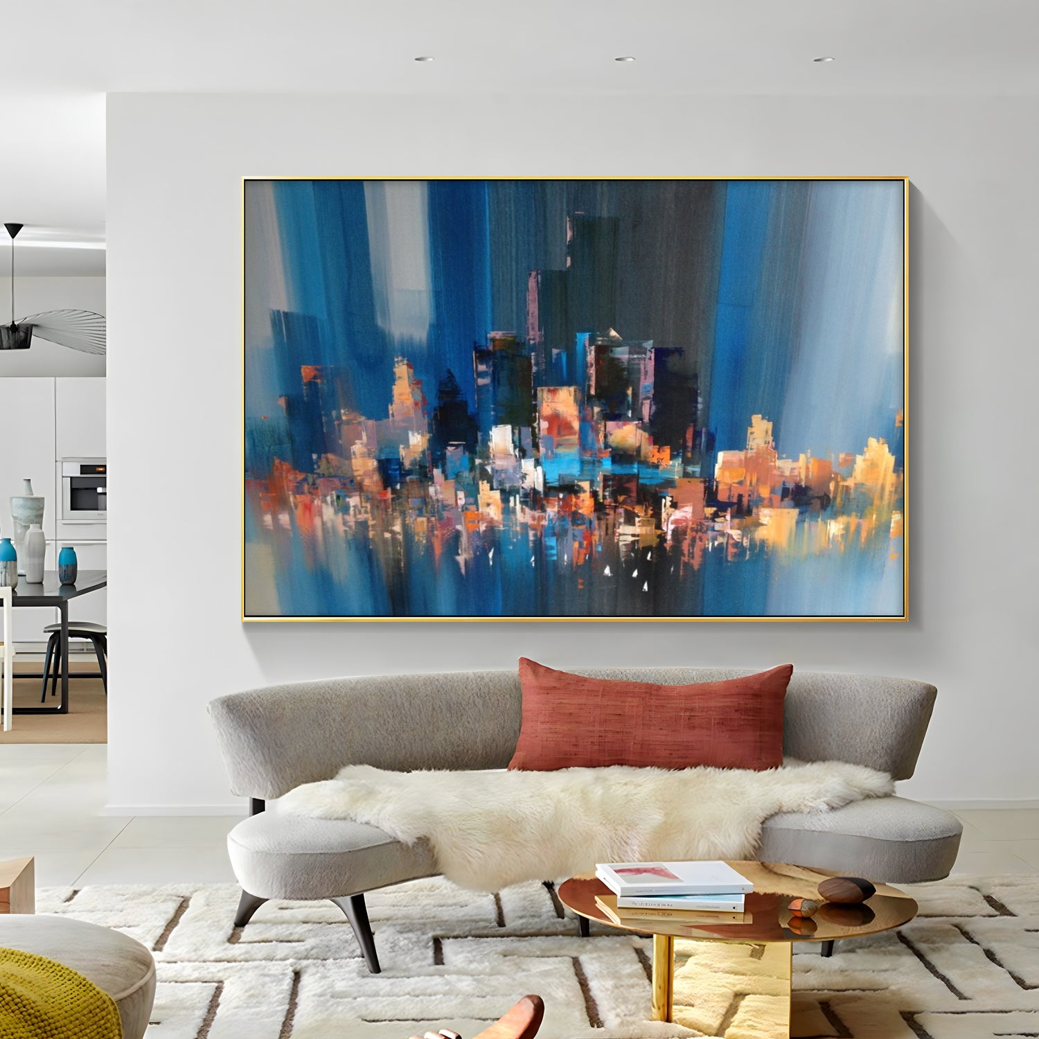 a painting hanging on the wall of a room